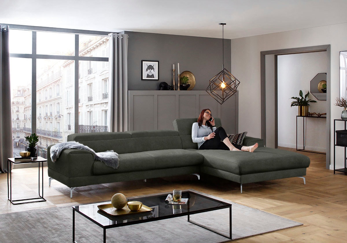 W.SCHILLIG Ecksofa »piedroo, Designsofa mit tollem Sitzkomfort, bequem und elegant, L-Form«, Kopfteilverstellung, wahlweise mit Sitztiefenverstellung, Breite 343cm