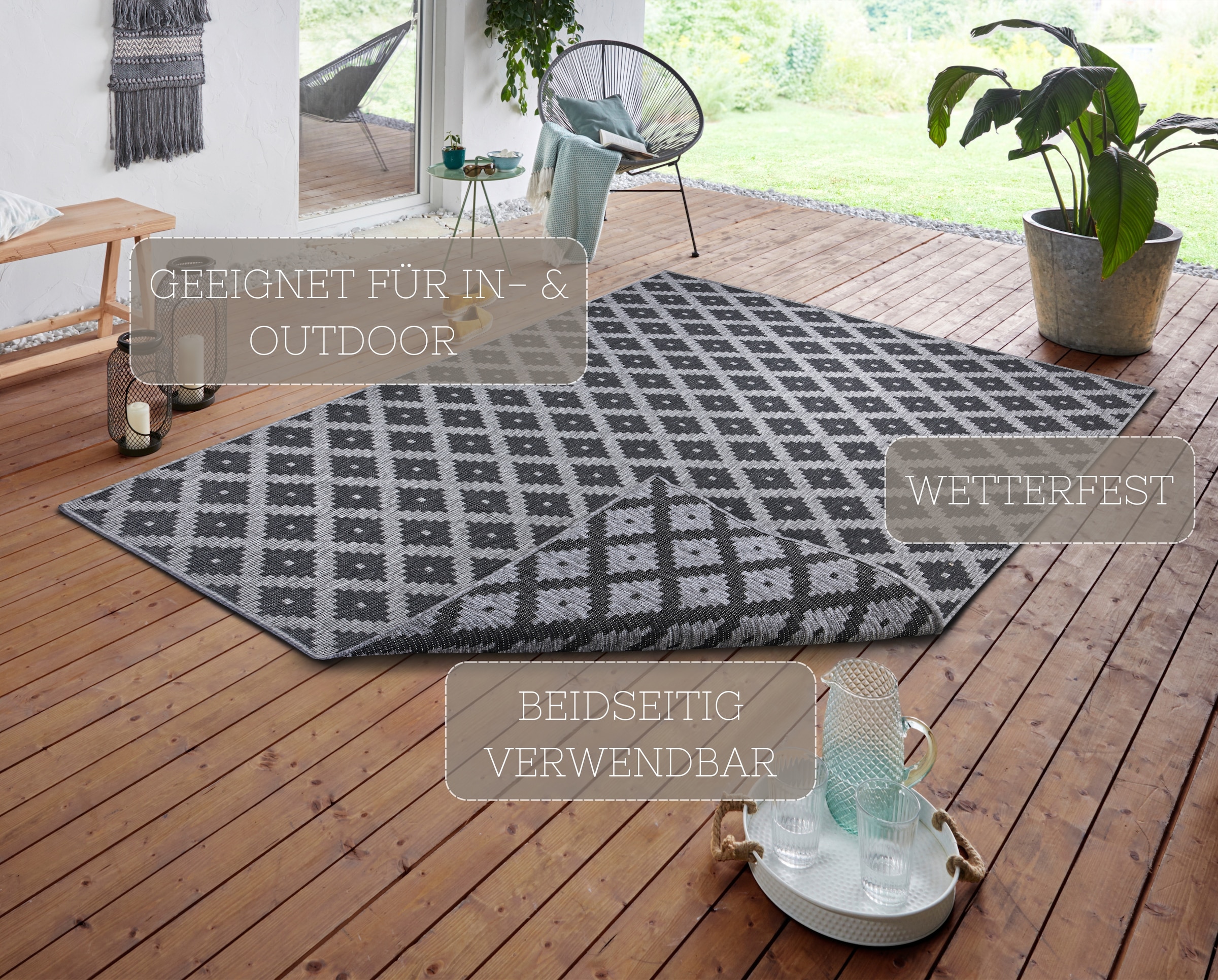 NORTHRUGS Teppich »Nizza Wendeteppich«, rechteckig, 5 mm Höhe, In-& Outdoor, Wetterfest, Balkon, Läufer, Wohnzimmer, Wasserfest