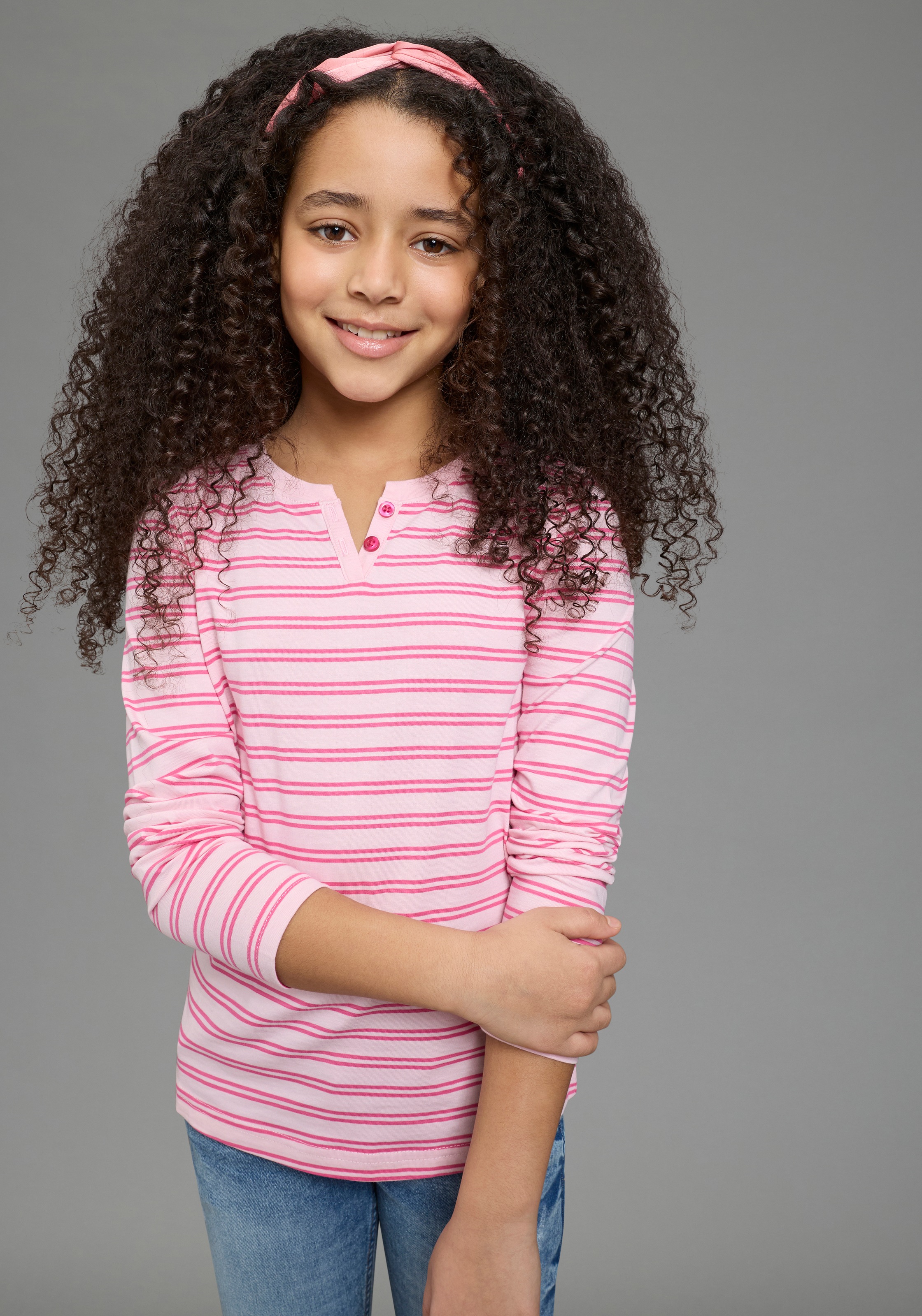 Thumbnail - H.I.S Langarmshirt "2er Pack Shirts 1x uni + 1x geringelt" Packung, 2, 2 tlg. für Mädchen, Langarm, mit Rundhalsausschni...