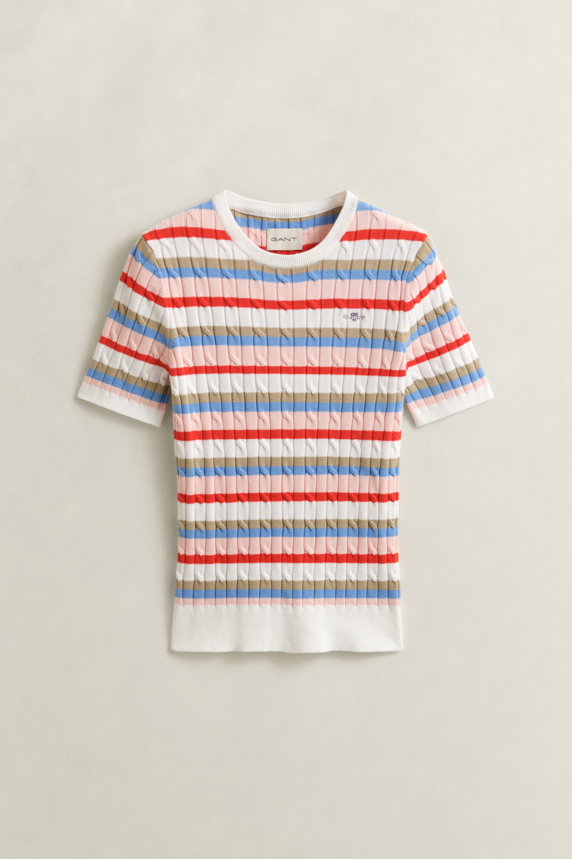 Gant Kurzarmpullover »STRETCH COTTON CABLE STRIPE SS« Gestreifter Zopfstrick, Rundhals, Schmale Passform