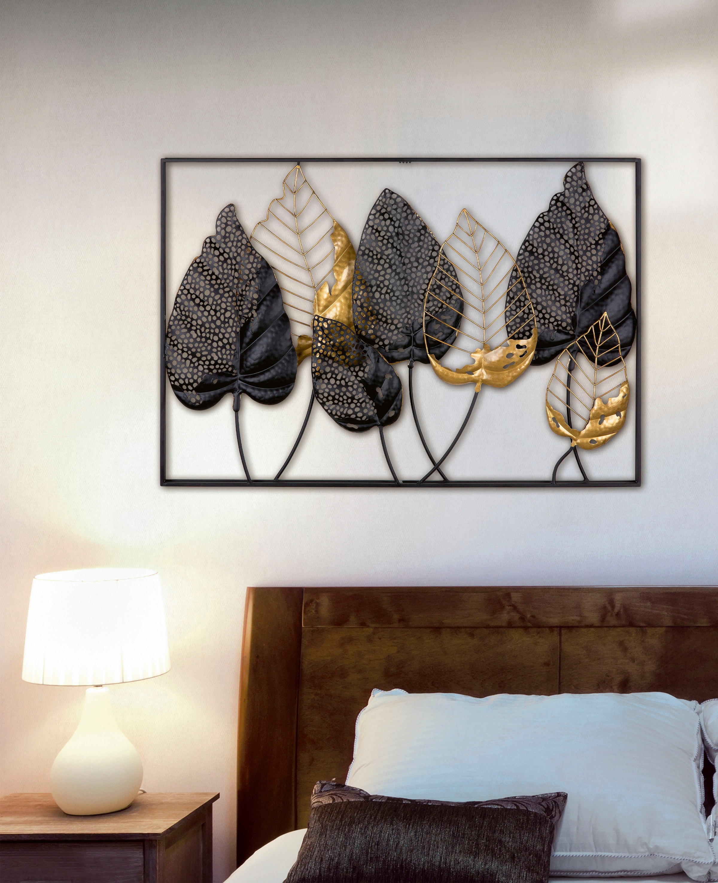 Casablanca by Gilde Wanddekoobjekt "Wandrelief Blätter mit Rahmen Santos" Sieben Blätter in Schwarz und Gold