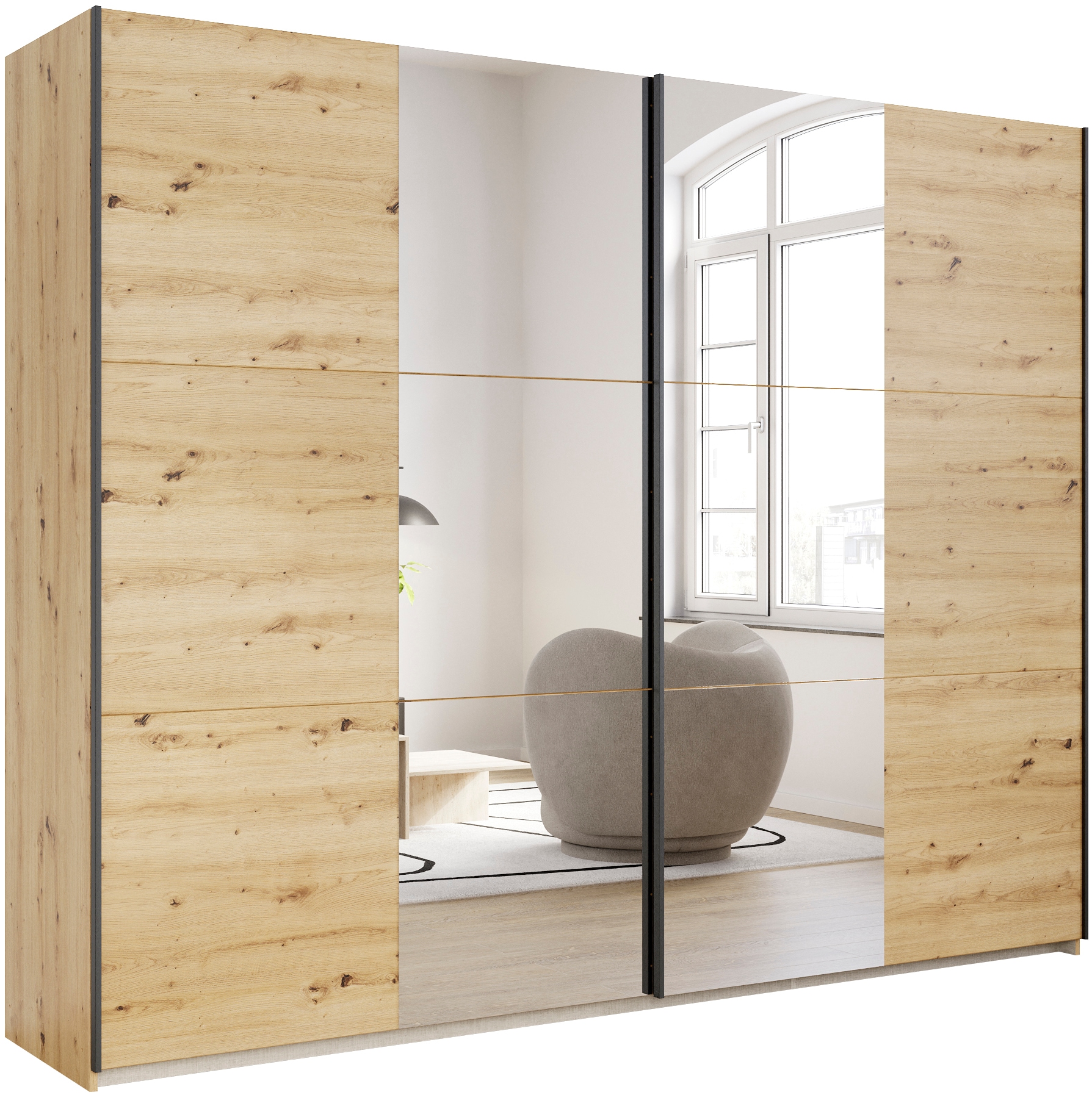 rauch Schwebetürenschrank "Kleiderschrank Drehtürenschrank Schrank Garderobe KRONACH" in 3 Ausstattungen BASIC/CLASSIC/PREMIUM, Breiten 131/175/218/261 cm, optional ohne, mit 1 oder 2 Spiegel, viel Stauraum MADE IN GERMANY