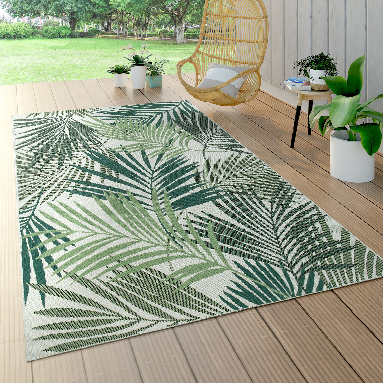 Paco Home Teppich "Ostende 534" rechteckig 4 mm Höhe Flachgewebe, Motiv Palmenblätter, In- und Outdoor geeignet, Wohnzimmer