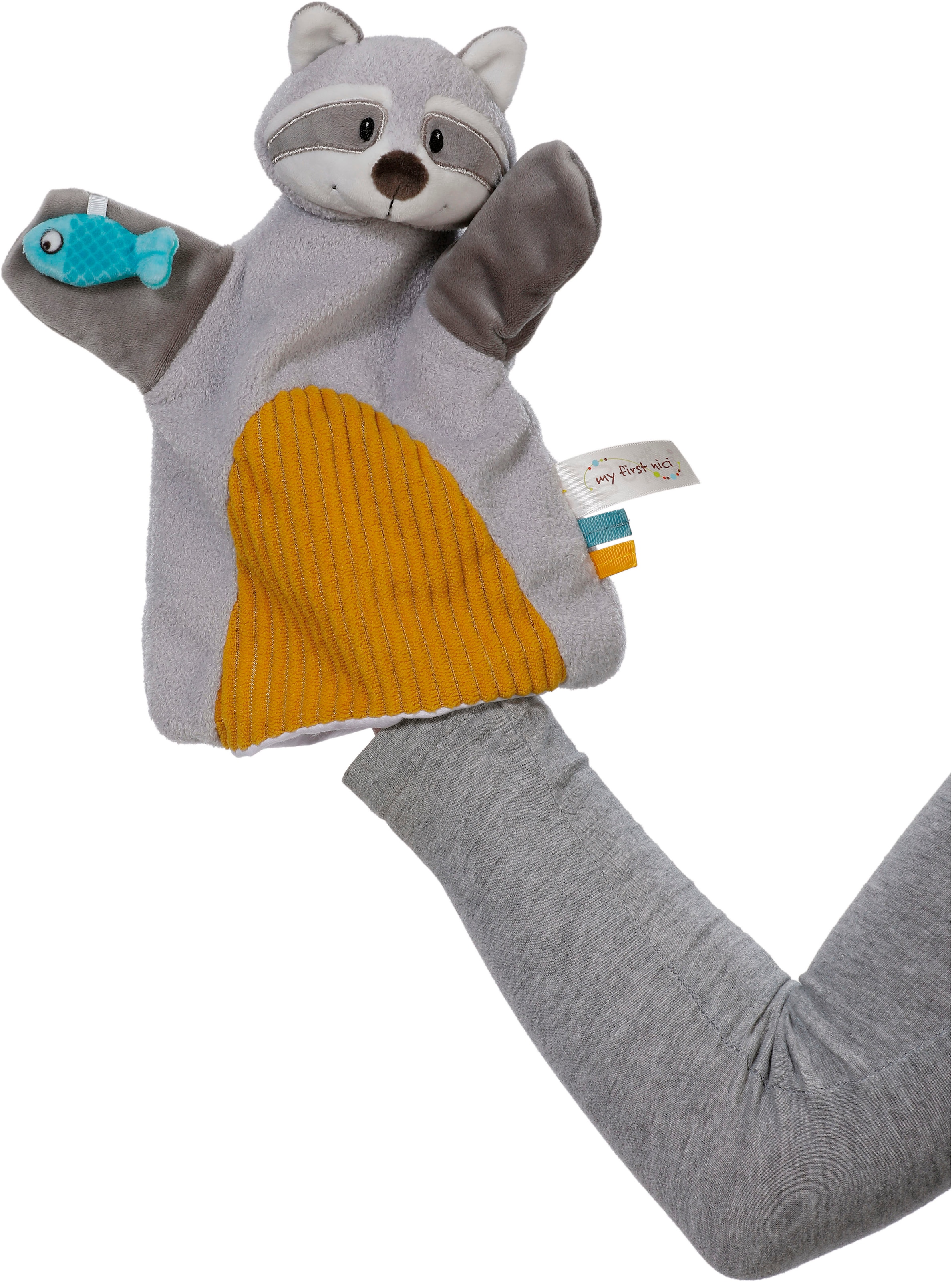 Nici Schmusetuch »My first NICI, Handpuppe Waschbär 2in1 26x25 cm«, sanfte Materialmix aus glattem und geripptem Plüsch