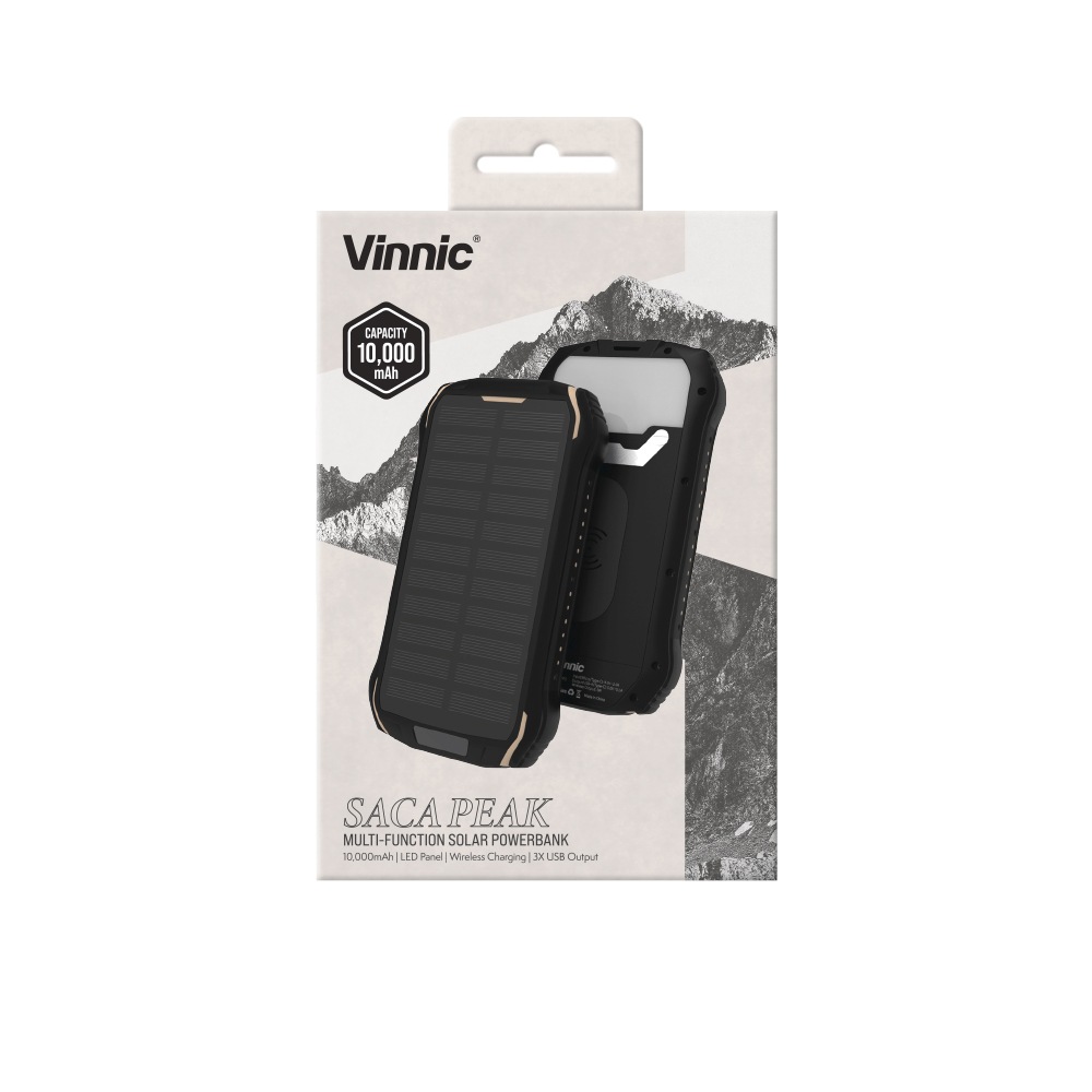 Vinnic Powerbank »SACA PEAK Solar Powerbank 10.000mAh IP65 1xUSB-C, 2xUSB-A«, Vinnic SACA PEAK Solar Powerbank 10.000mAh IP65 1xC 2xA,black