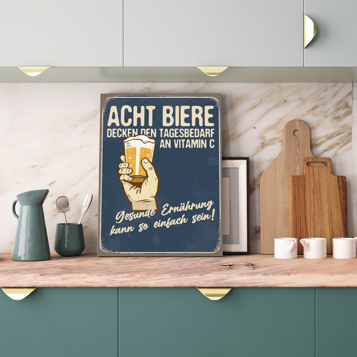 queence Metallbild "Acht Biere Spruch Stahlschild Blechschild" Getränke Schriftzug Sprüche Sprüche & Texte 1 Stk. tlg. 20x30x0,2cm - mit 4 Lochbohrung