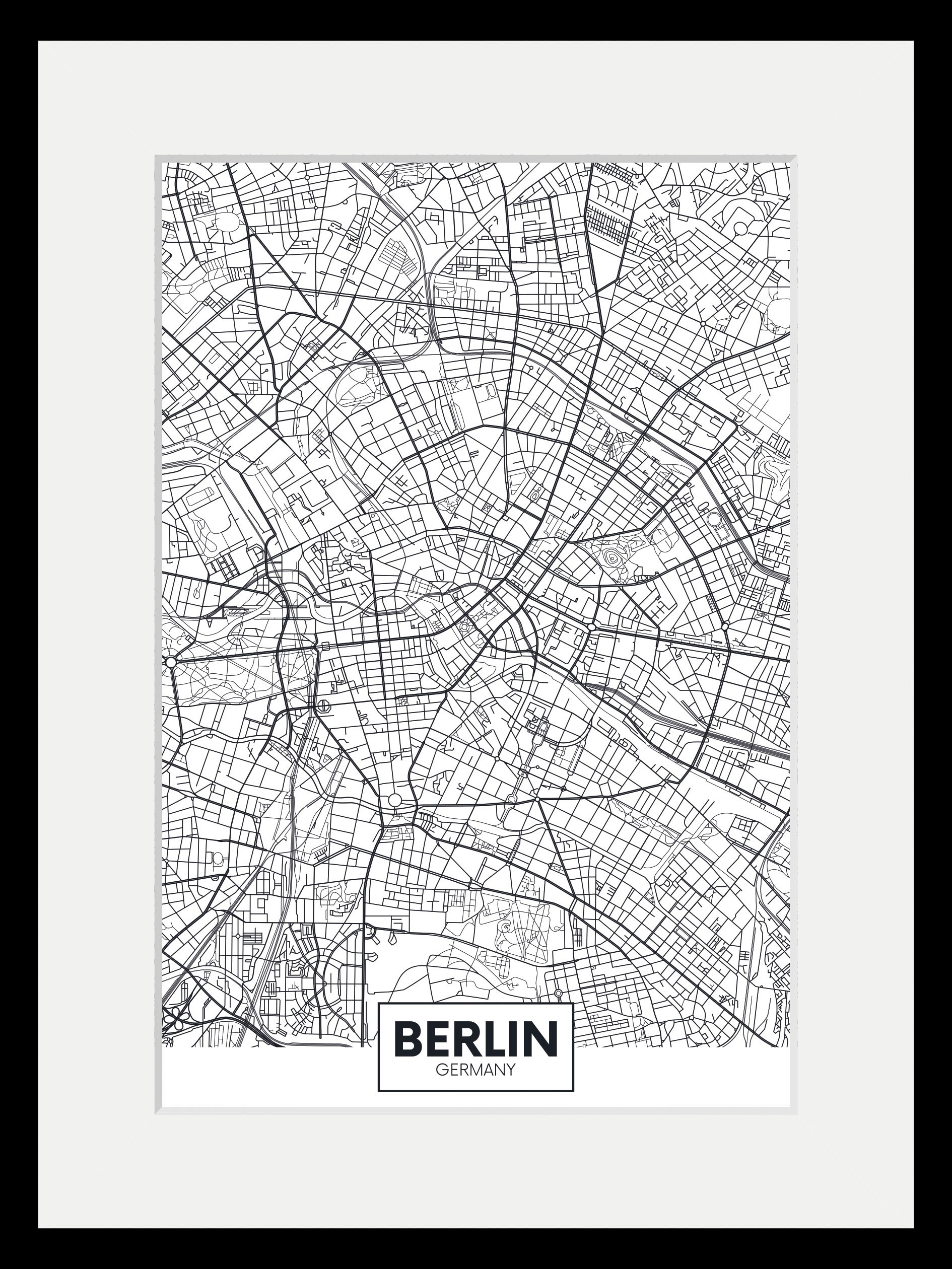 queence Bild »Berlin Stadtkarte«, Städte-Stadt-Deutschland-Berlin-Schwarz-Weiß, (1 St.), HD Premium Poster-Druck inkl. Holzrahmen