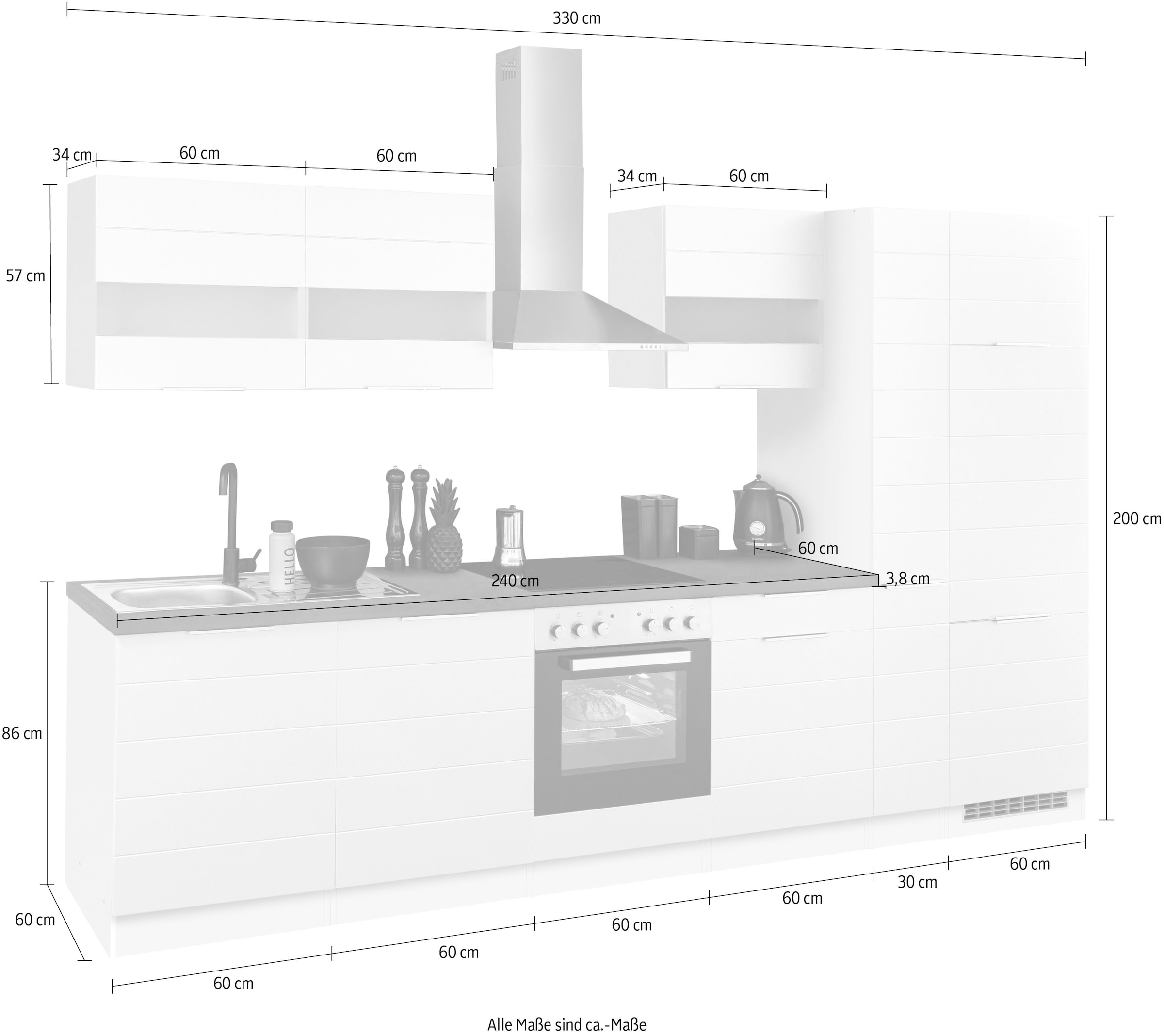 KOCHSTATION Küchenzeile »KS-Luhe« 330 cm breit, wahlweise mit oder ohne E-Geräten, gefräste MDF-Fronten
