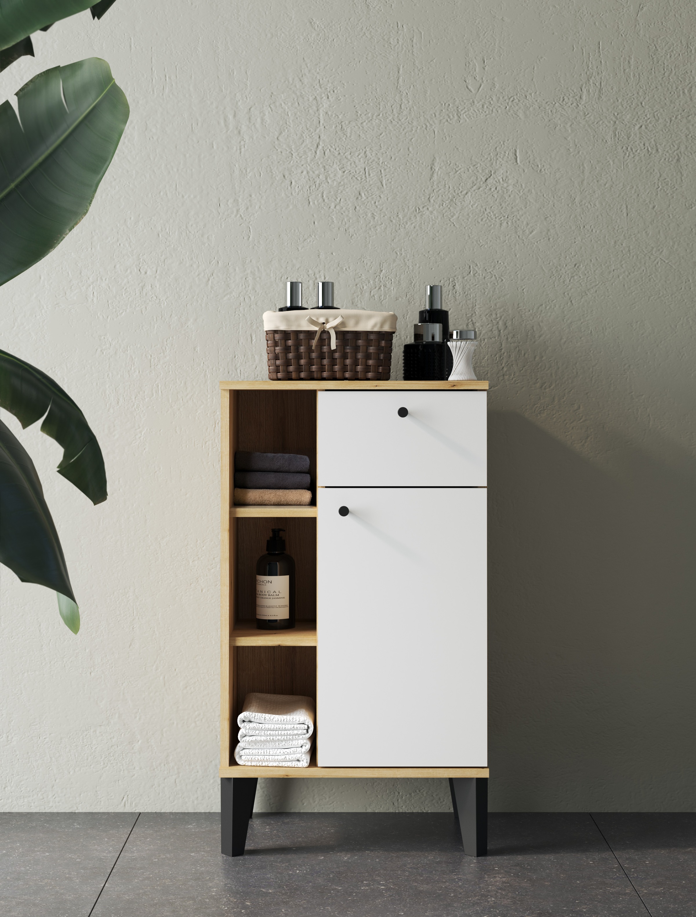 INOSIGN Midischrank »Oslo, Badschrank mit Knopfgriff, Schrank im skandinavischen Design«, in der Türfarbe Weiß oder Grau verfügbar, ausreichend Stauraum