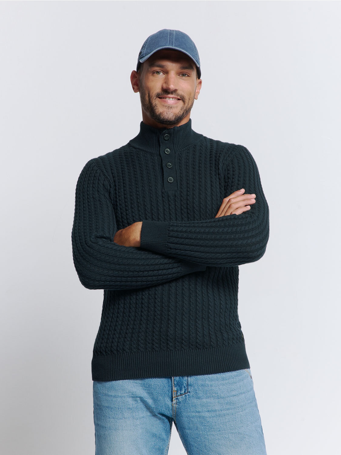 NO EXCESS Rollkragenpullover "No Excess Jacquard-Pullover mit Halbknopfleiste"