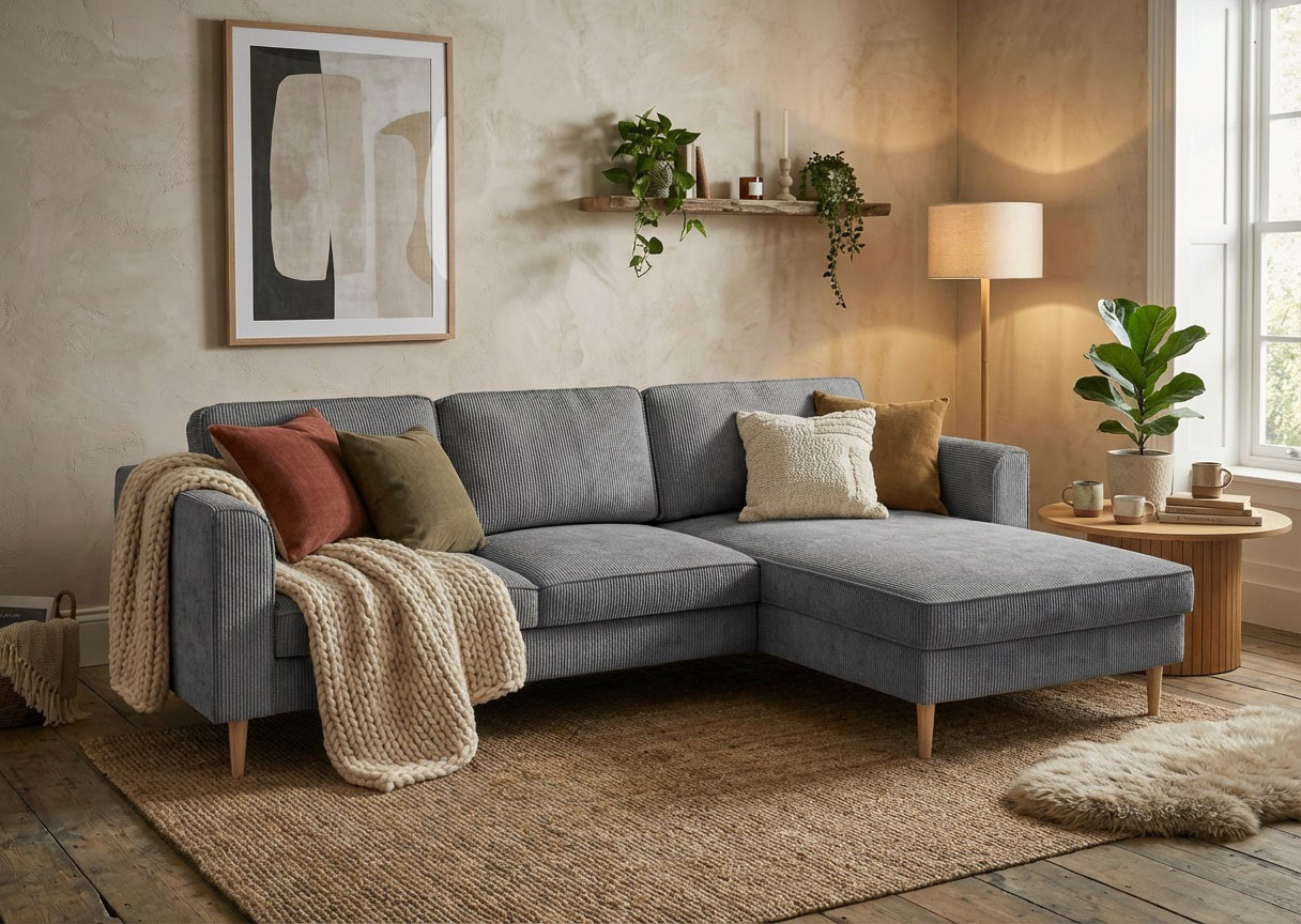 Home affaire "Booster, whlw. mit Schlaffunktion & Bettkasten, Fuß Buche lackiert" Recamiere beidseitig montierbar, L-Form, in Cord & Struktur, B: 232 cm