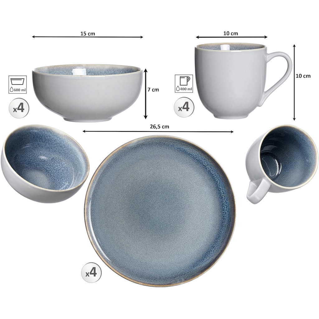 Ritzenhoff & Breker Kombiservice »Geschirr-Set, Service Skagen Stone«, (Set, 12 tlg., 4 Teller (Ø 26,5 cm), 4 Kaffeebecher (Ø 10 cm), 4 Schalen (Ø 15 cm)