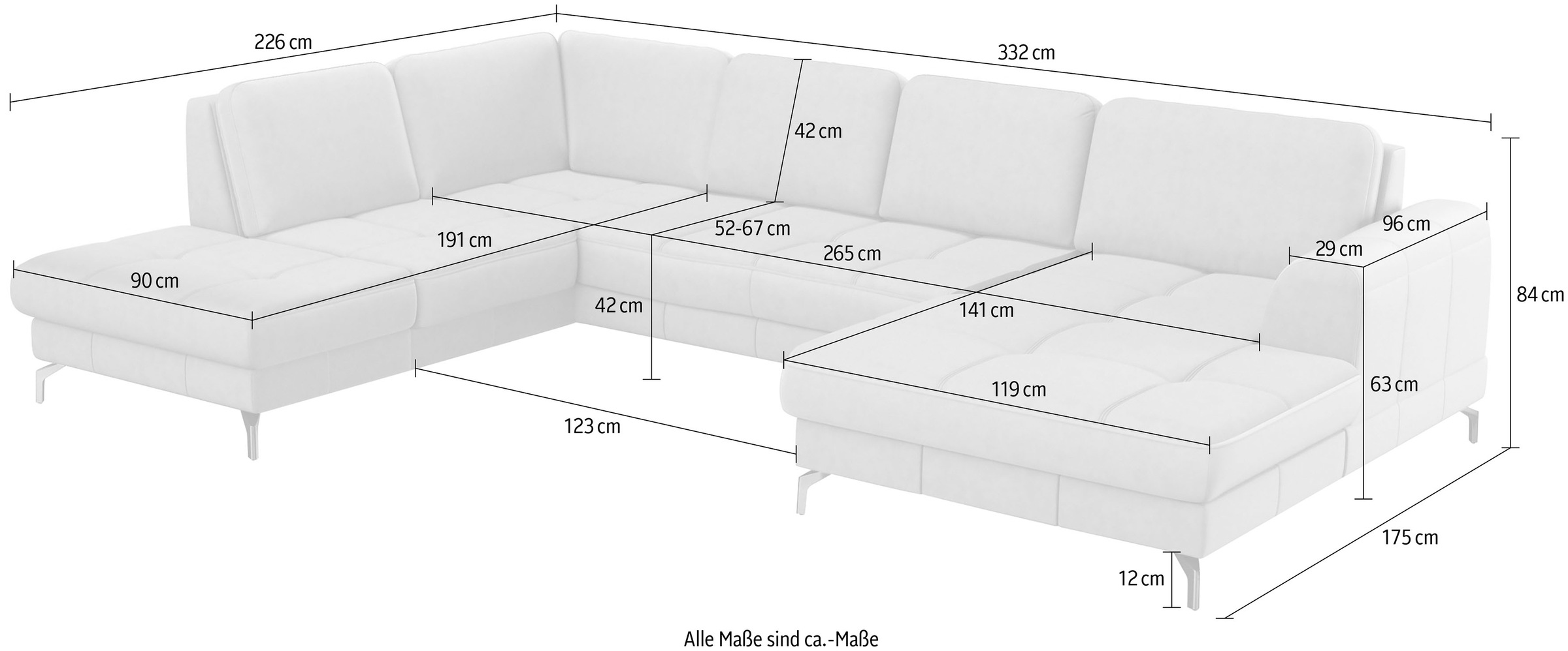 sit&more Wohnlandschaft »Bendigo U-Form«, inklusive Sitztiefenverstellung, Bodenfreiheit 12 cm, in 2 Fußfarben
