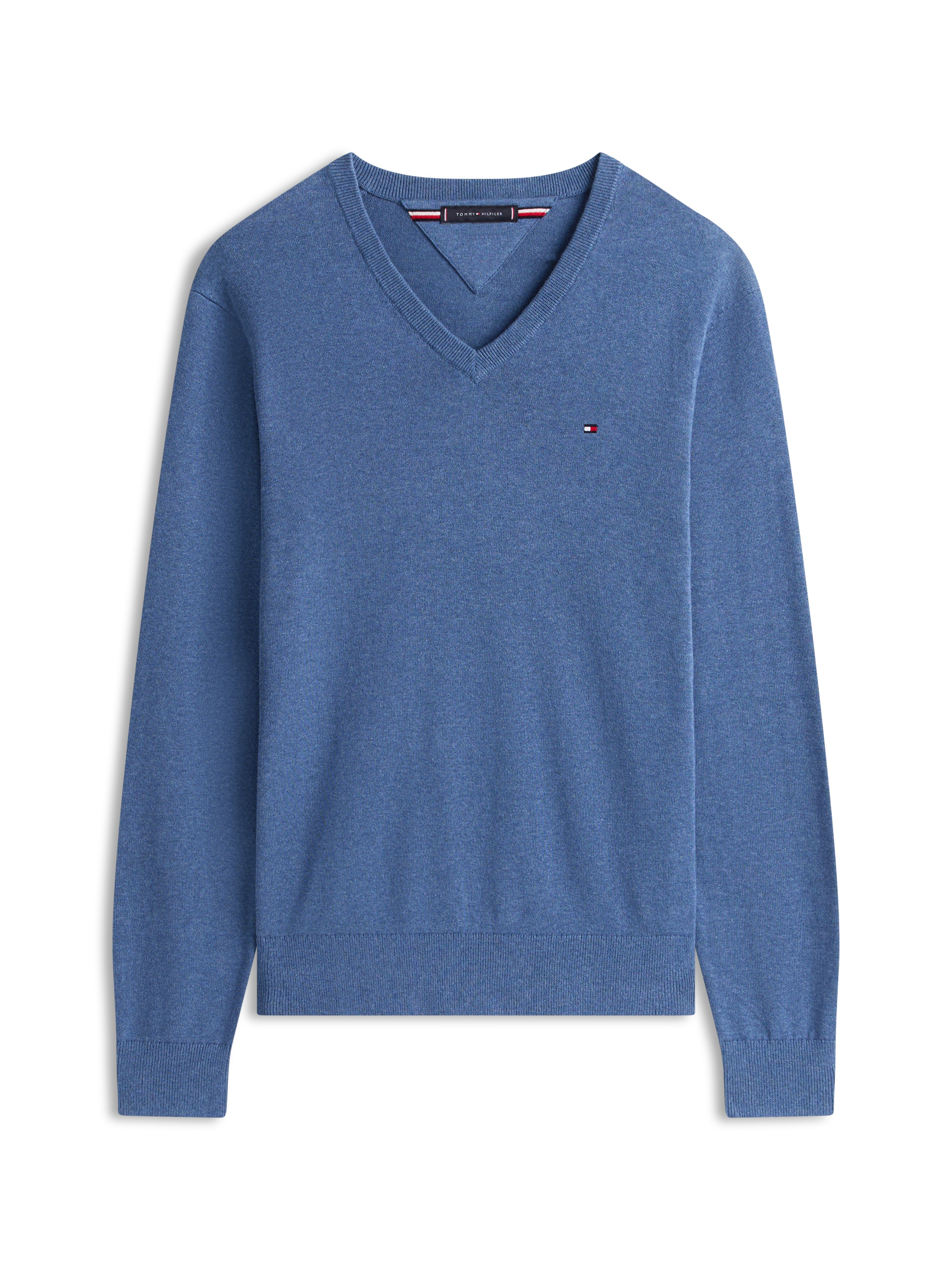 Tommy Hilfiger Strickpullover »ESSENTIAL COTTON V NECK mit V-Ausschnitt und Stickerei«, unifarben, casual, regular fit, Baumwolle, V-Ausschnitt