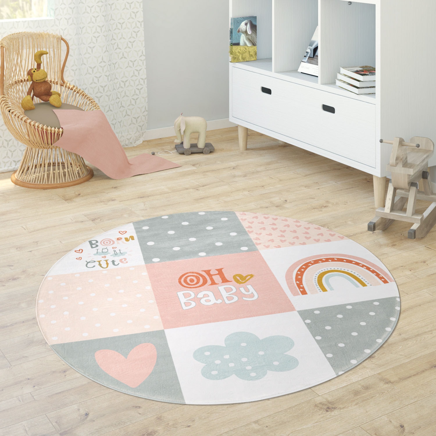 Paco Home Kinderteppich »Chicos 554«, rund, 2 mm Höhe, gewebt, Patchwork Design, mit Schriftzug & Regenbogen oder Sternen