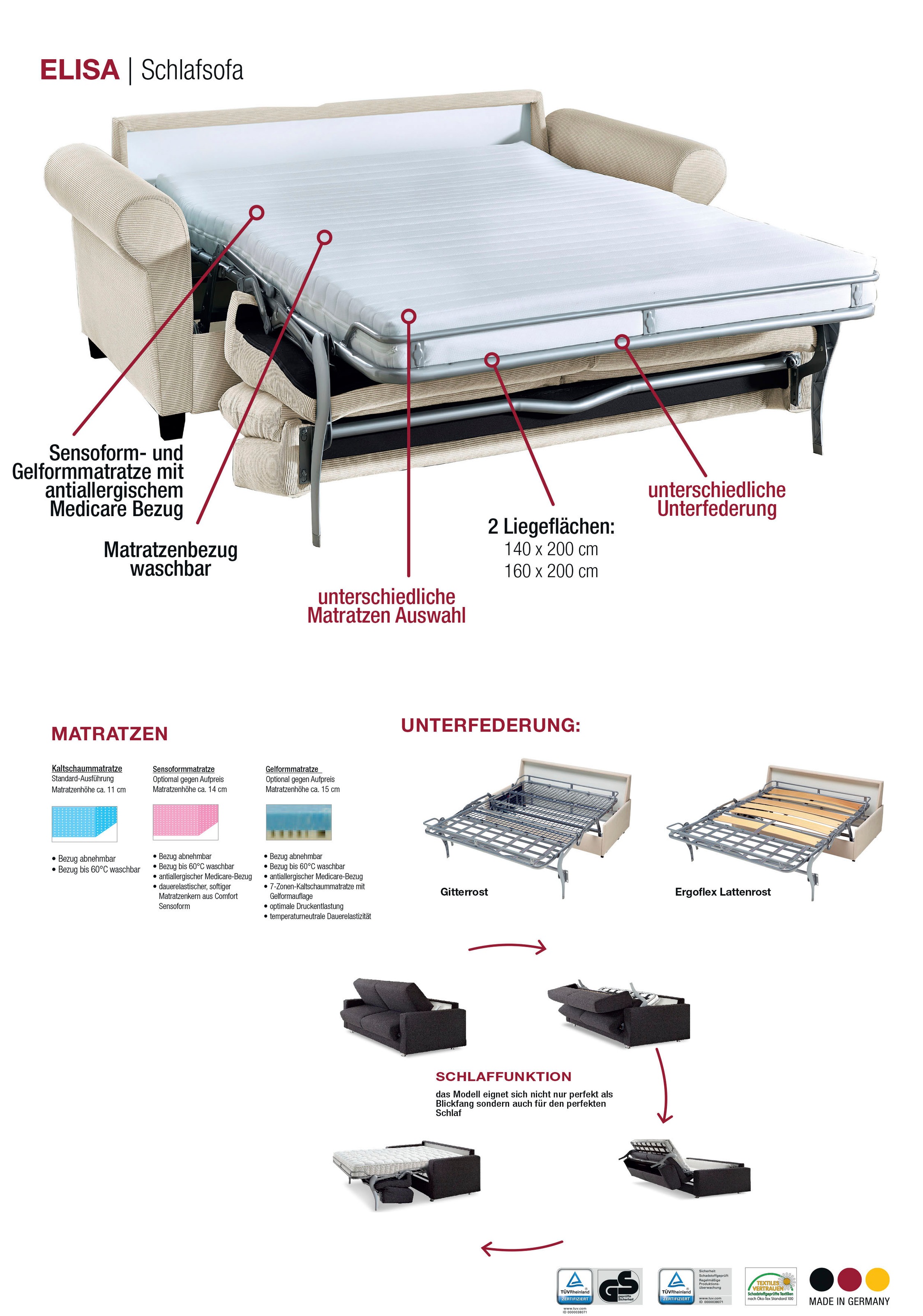 Thumbnail - Bali Schlafsofa "ELISA Dauerschläfer in 140 und 160er Breite" 3 Matratzen-Qualitäten, wahlweise Ergoflex-Lattenrost