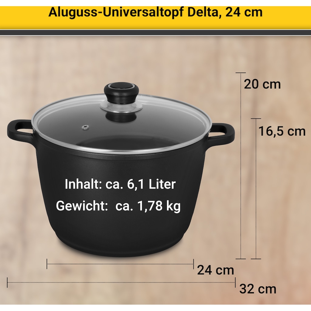 Krüger Kochtopf »Aluguss Universaltopf mit Glasdeckel DELTA, 24 cm«, Aluminiumguss, (1 tlg.), für Induktions-Kochfelder geeignet