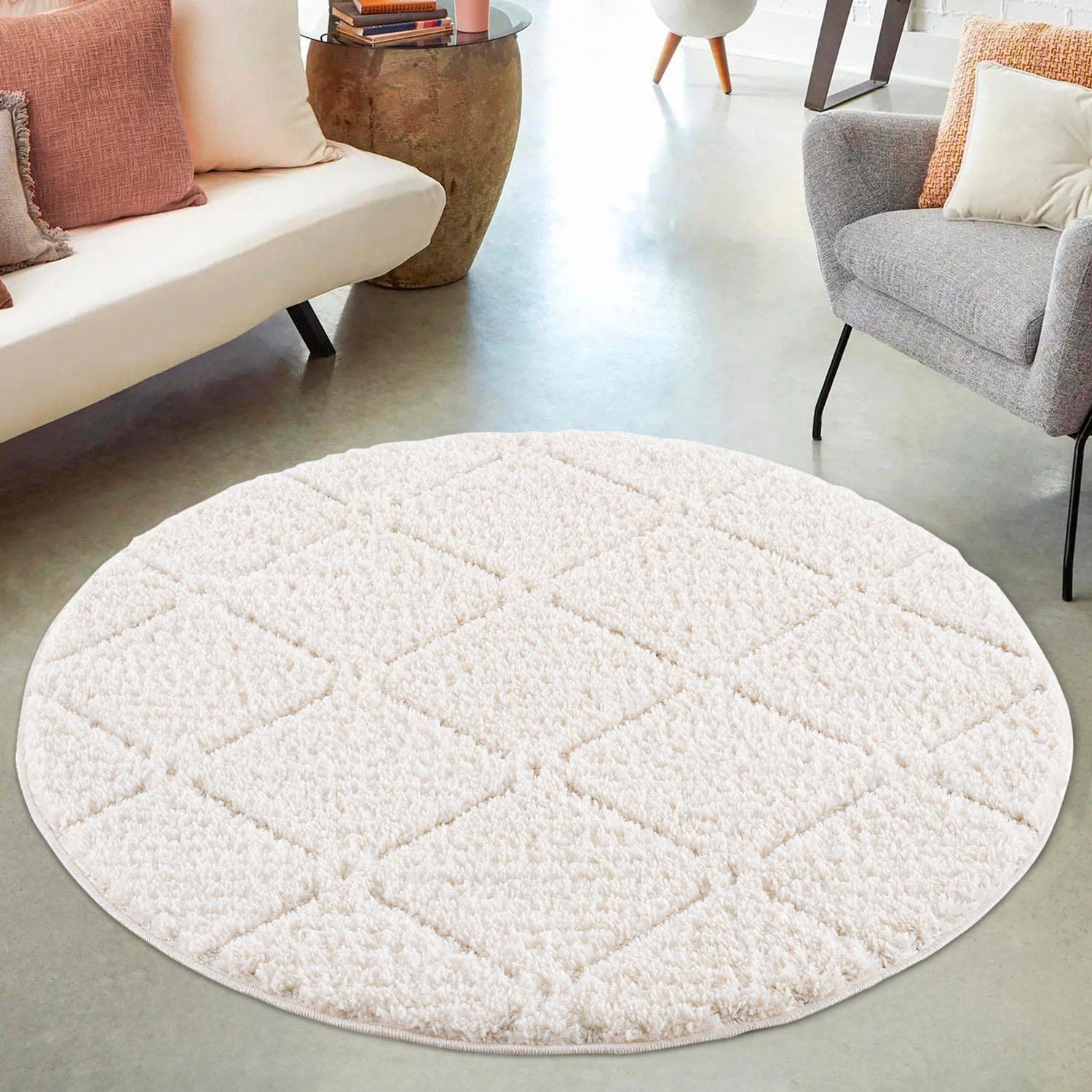 Hochflor-Teppich OTTO HOME "Tammo", beige (creme), H:20mm Ø:160cm, Obermaterial: 100% Polypropylen, Teppiche, besonders weich, Uni Farben, Rauten-Optik, 3D-Effekt