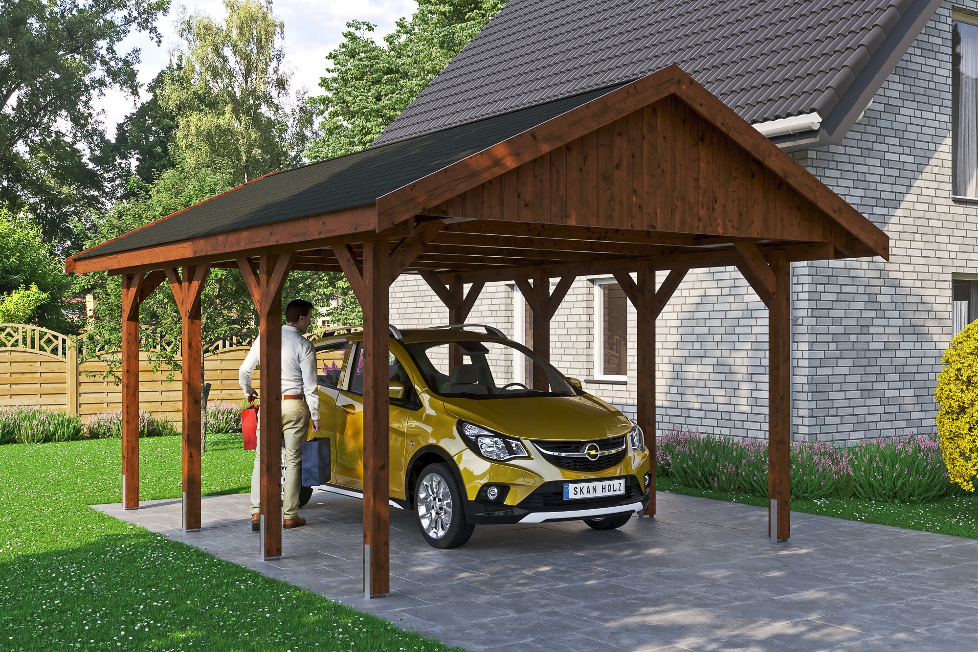Skanholz Einzelcarport »Wallgau«, Nadelholz, 340 cm, Nussbaum, mit schwarzen Dachschindeln