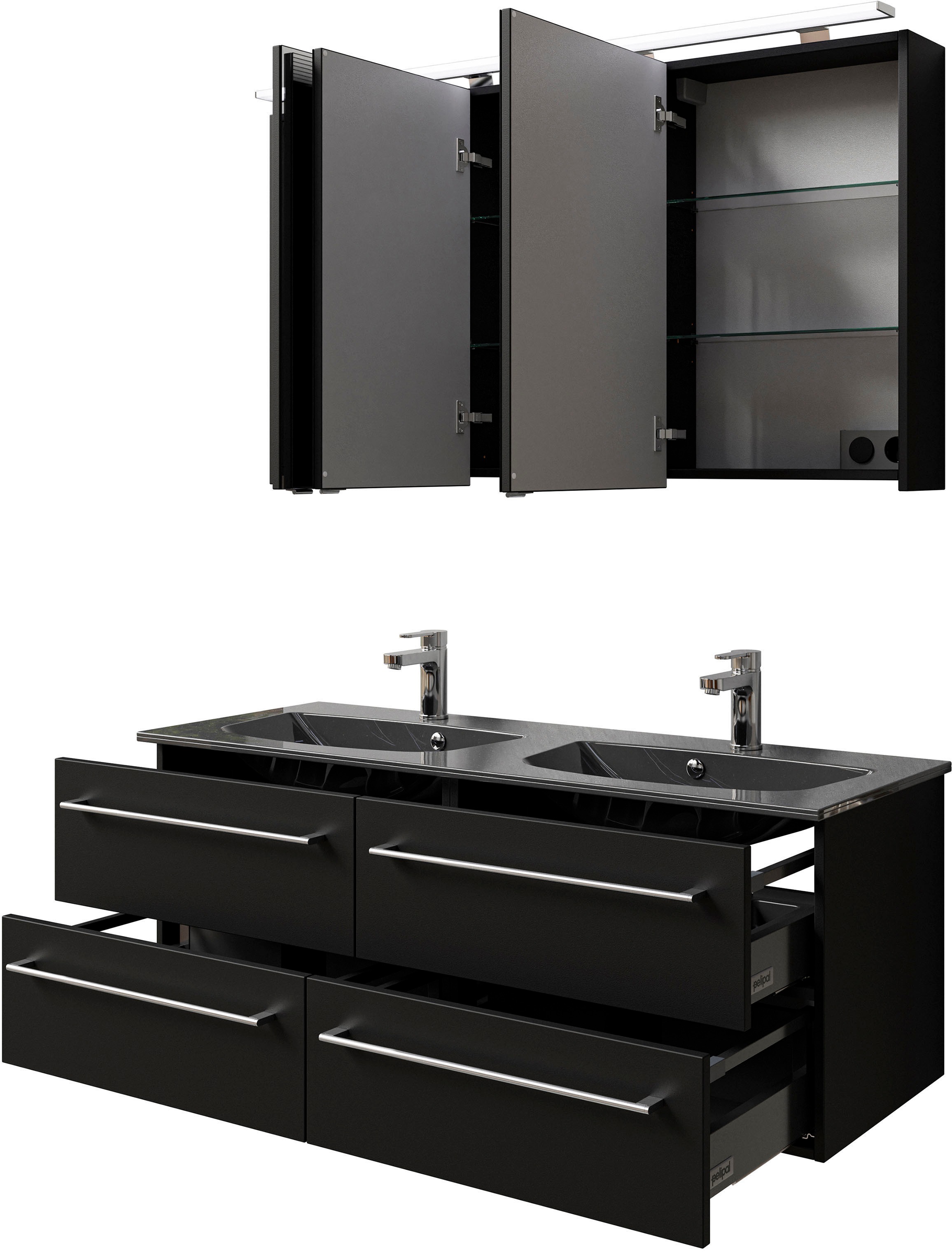 Saphir Badmöbel-Set »Serie 6025 2-teilig Mineralmarmor-Waschtisch mit LED-Spiegelschrank«, (2 St.), Waschplatz 132cm breit, 4 Schubladen, 2 Spiegel-Türen, inkl Türdämpfer