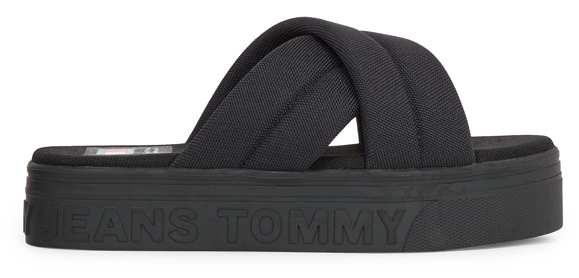 Tommy Jeans Pantolette »TJW LETTERING FLATFORM SANDAL«, Plateau, Sommerschuh, Schlappen mit Logo-Buchstaben im Plateau