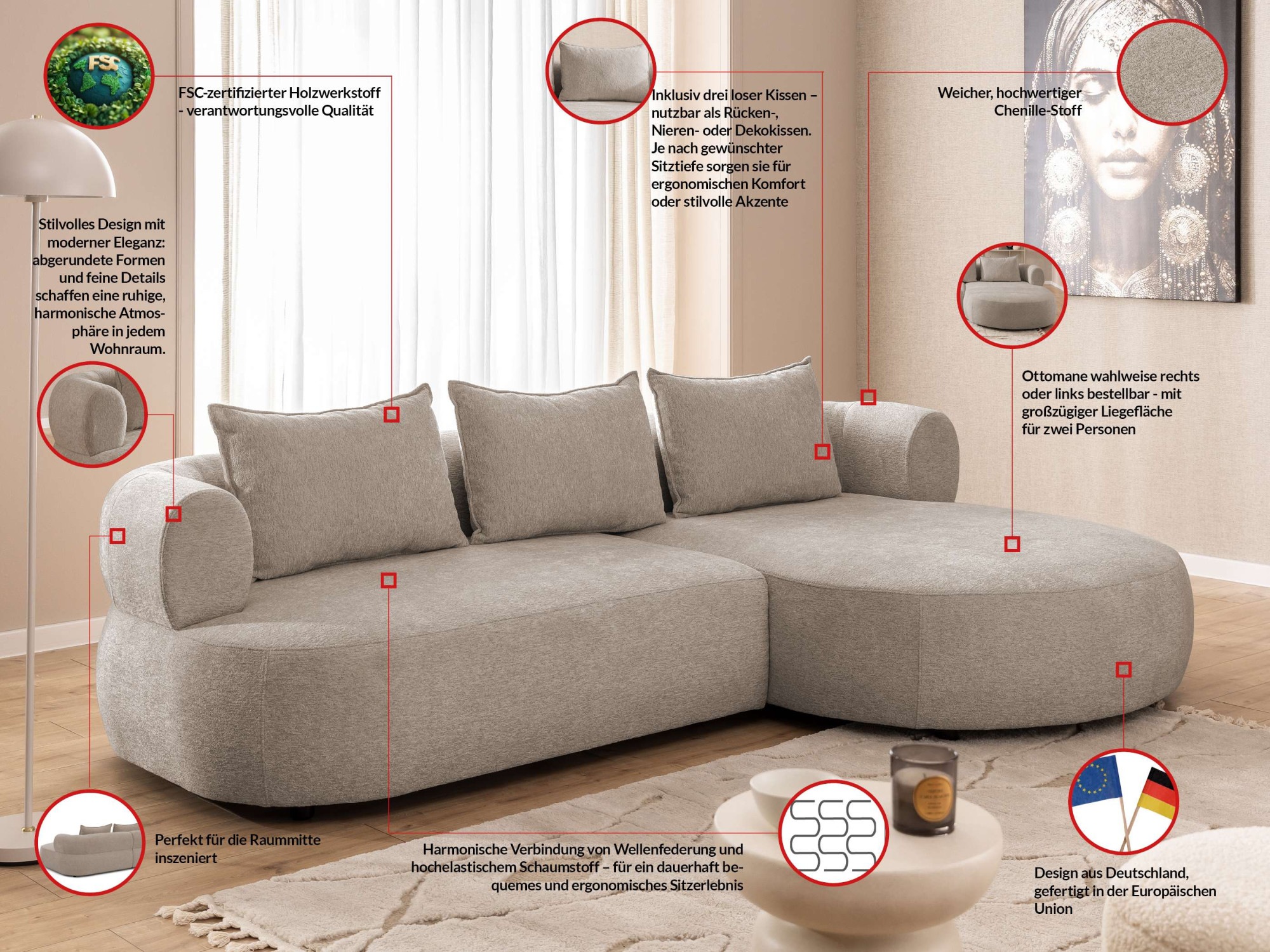 Home affaire Ecksofa »LUSSAC L-Form Design-Sofa mit Zierkissen, Maße B/T/H: 257/159/78 cm«, hoher Sitzkomfort und modernes Design, Sofa ohne Bettfunktion