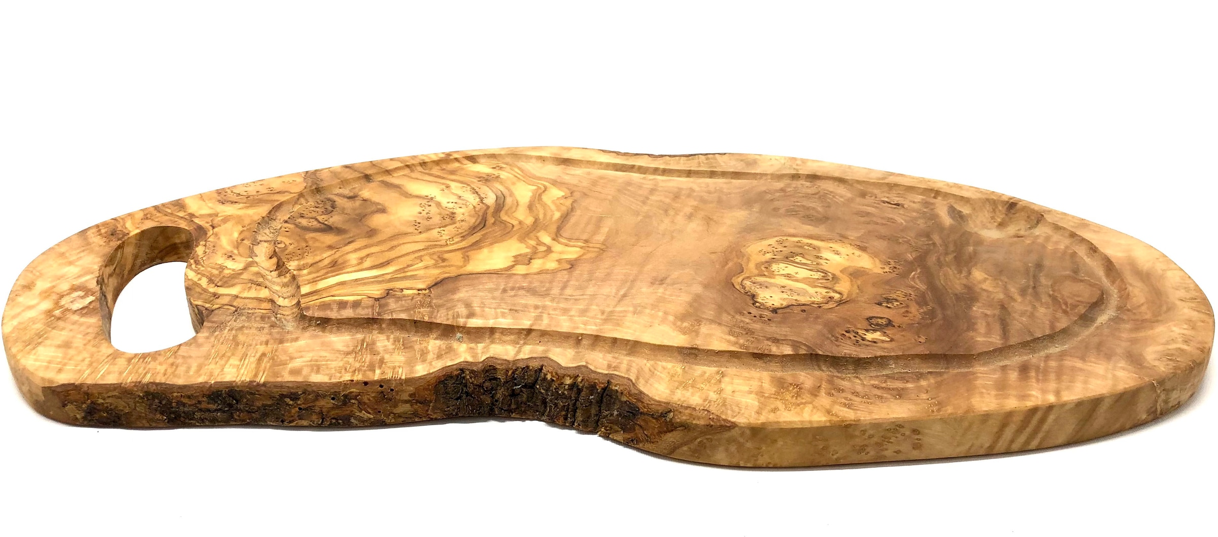 Olivenholz-erleben Servierbrett »mit Grifflasche aus hochwertigem naturbelassenem Olivenholz«, (1 St.), Brett zum Wenden, Seite mit Saftrille, glatte Seite, mit Grifflasche