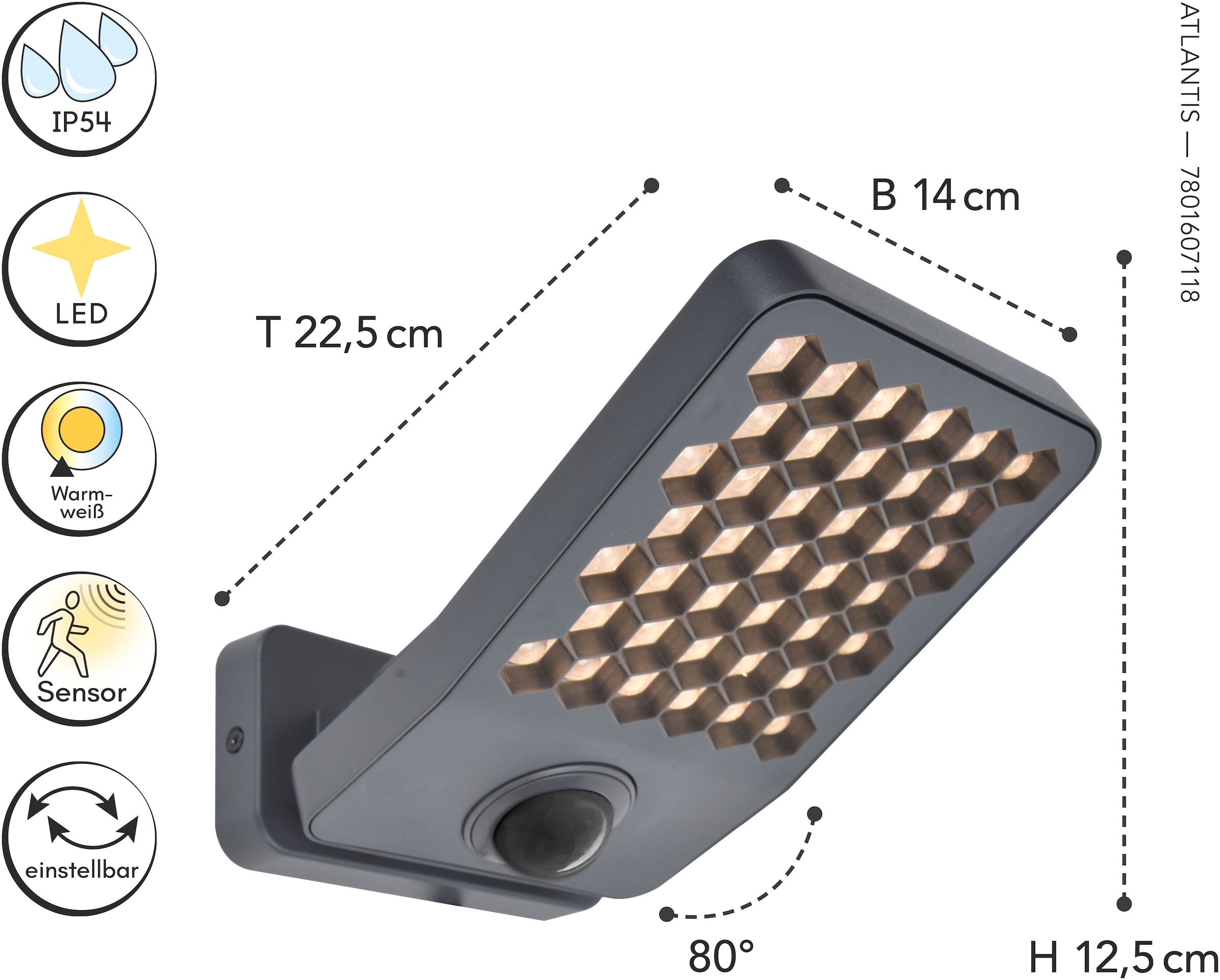 LUTEC LED Außen-Wandleuchte »LED-Aussenwandleuchte ATLANTIS small«, 1 flammig, Leuchtmittel LED-Board | LED fest integriert, mit Sensor, schwenkbar
