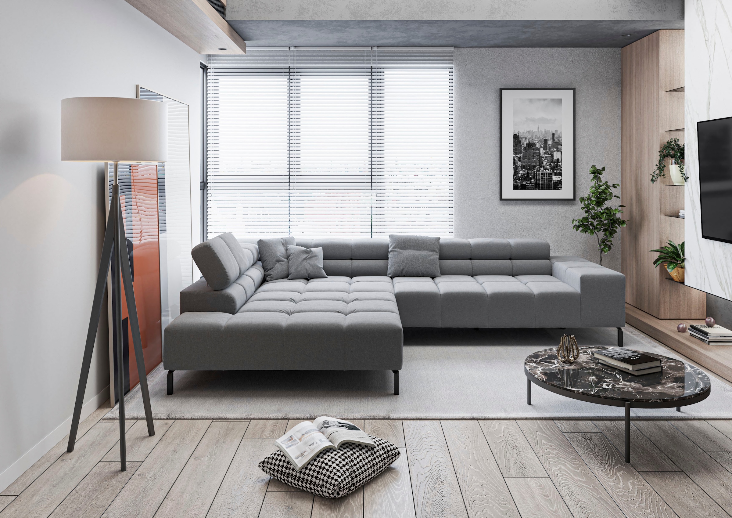 Home affaire Ecksofa "Ancona New, wahlweise motorische Sitztiefenverstellung, auch in Cord" feine Steppung, mit Kopfteilverstellung, 3 Zierkissen, L-Form