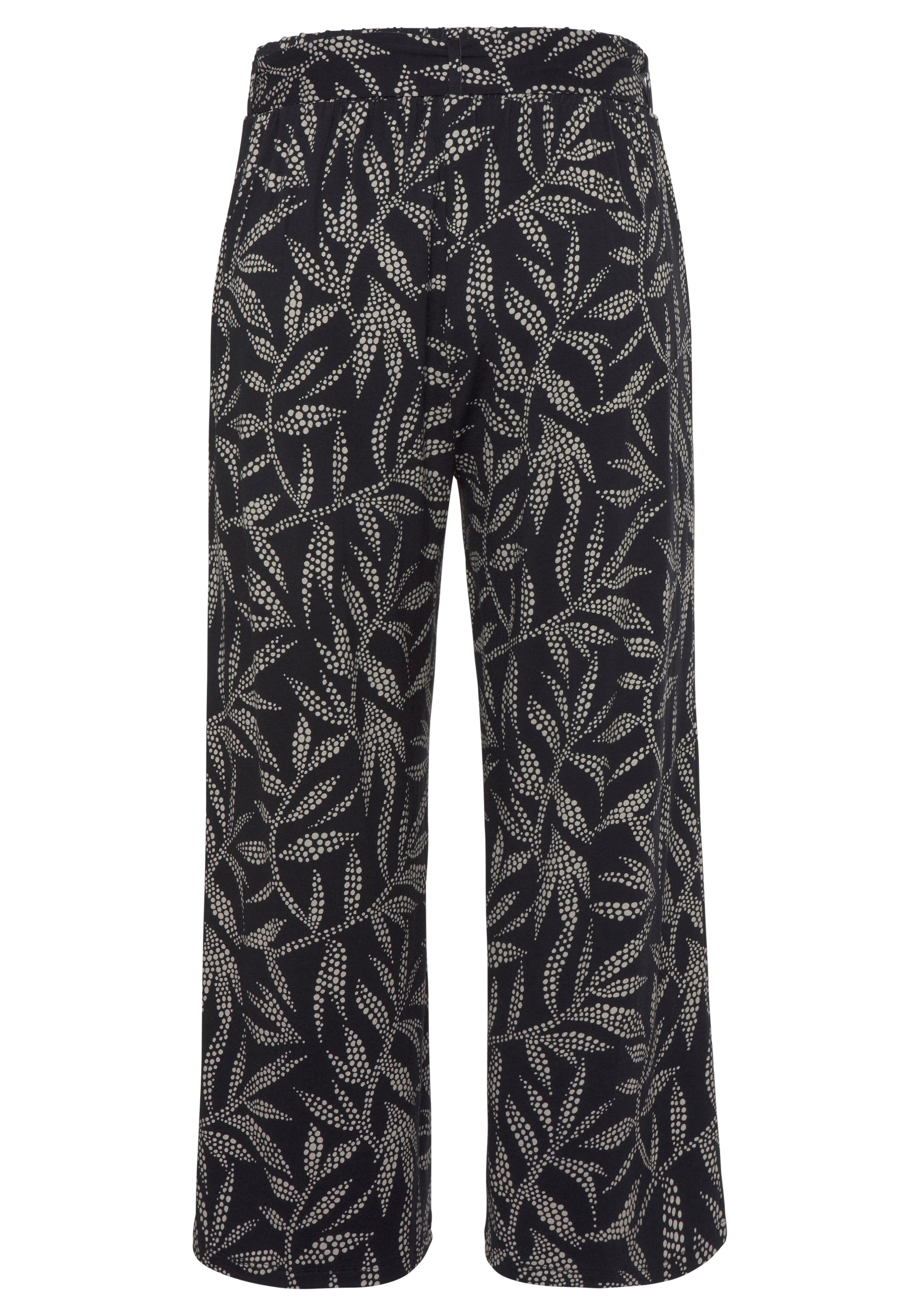 Culotte LASCANA, Damen, Gr. 38, N-Gr, schwarz (schwarz, sand bedruckt), Jersey, Obermaterial: 95% Viskose, 5% Elasthan, bedruckt, figurumspielend 7/8-Länge, Hosen Culotte, mit Blätterdruck, luftige Sommerhose in 7/8-Länge, Strandhose 3