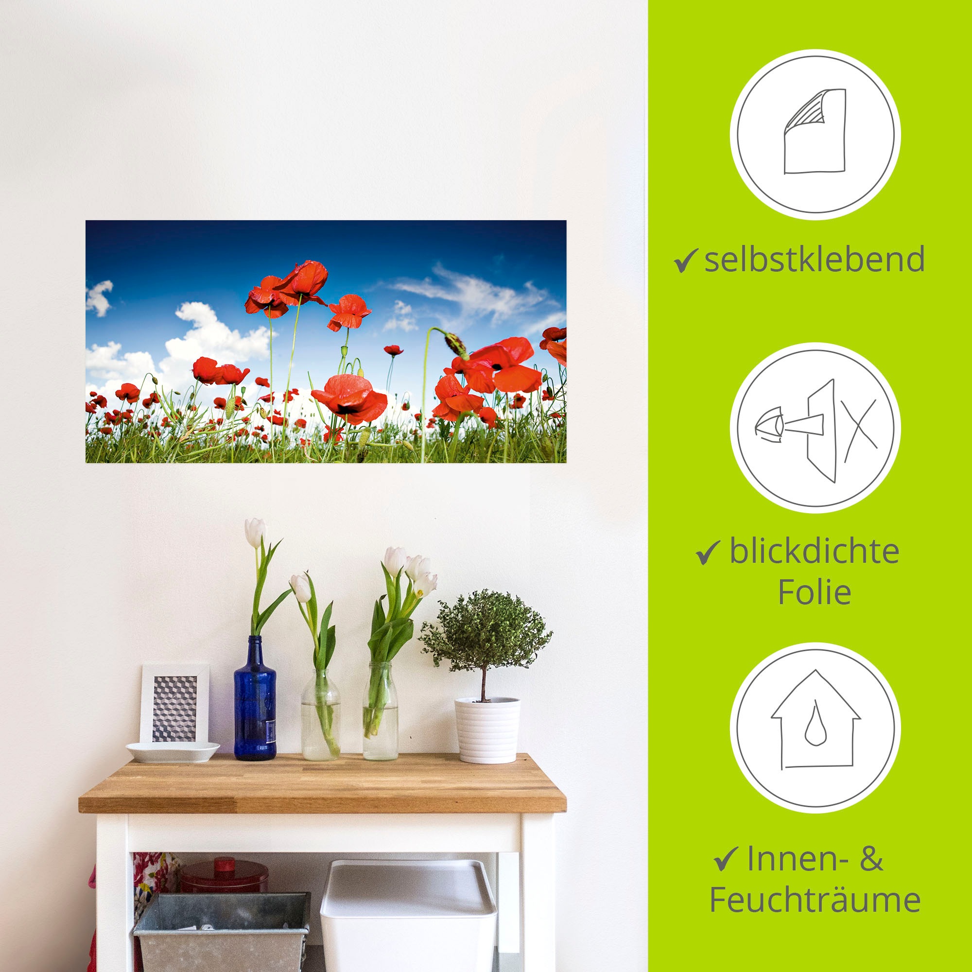 Artland Wandbild »Feld mit Mohnblumen unter Himmel«, Blumenwiese, (1 St.), als Leinwandbild, Wandaufkleber in verschied. Größen