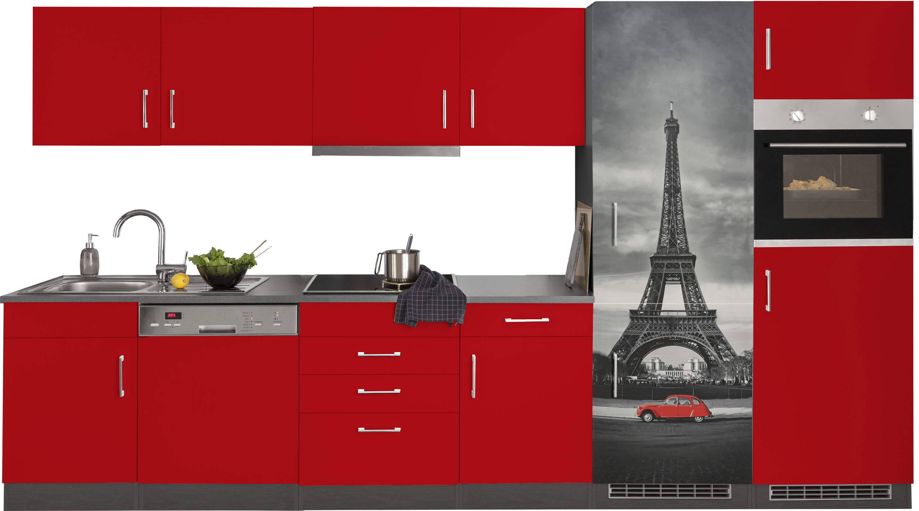 KOCHSTATION Küchenzeile "KS-Paris - Küchen mit einzigartigen Fotomotiven auf den Fronten" Breite 340 cm, wahlweise mit E-Geräten und Induktion