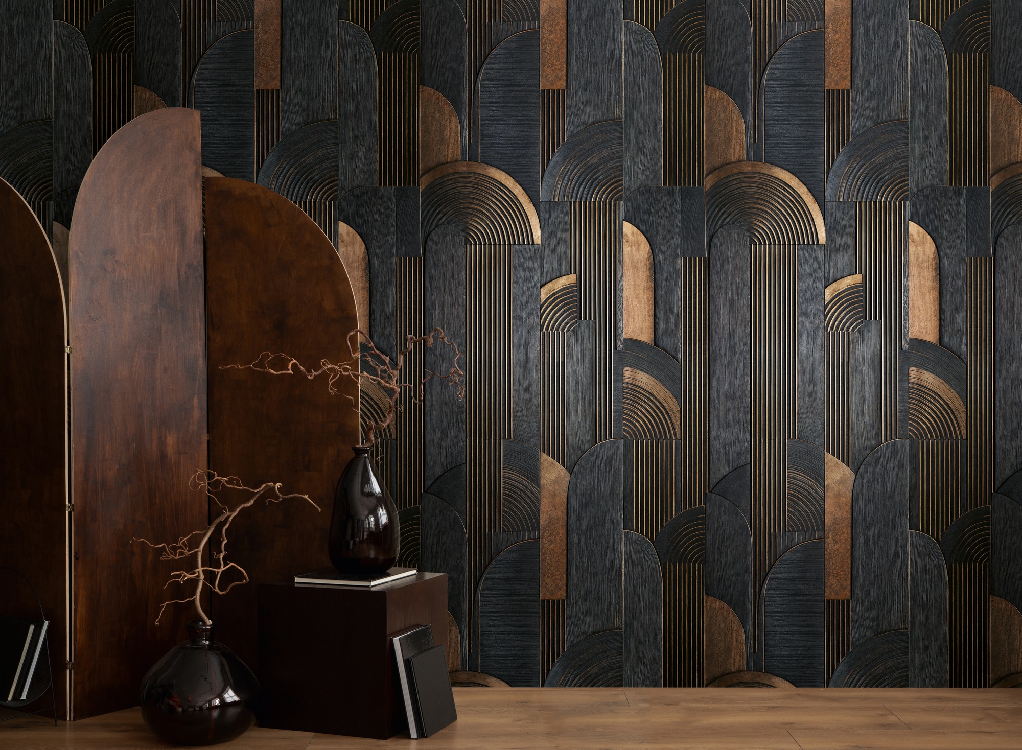 living walls Vliestapete »Vibes & Styles Aurelio – Deco Layers Fototapete« abstrakt leicht strukturiert Geometrisches Art-Déco Design mit Linien und stilvollem Tiefeneffekt
