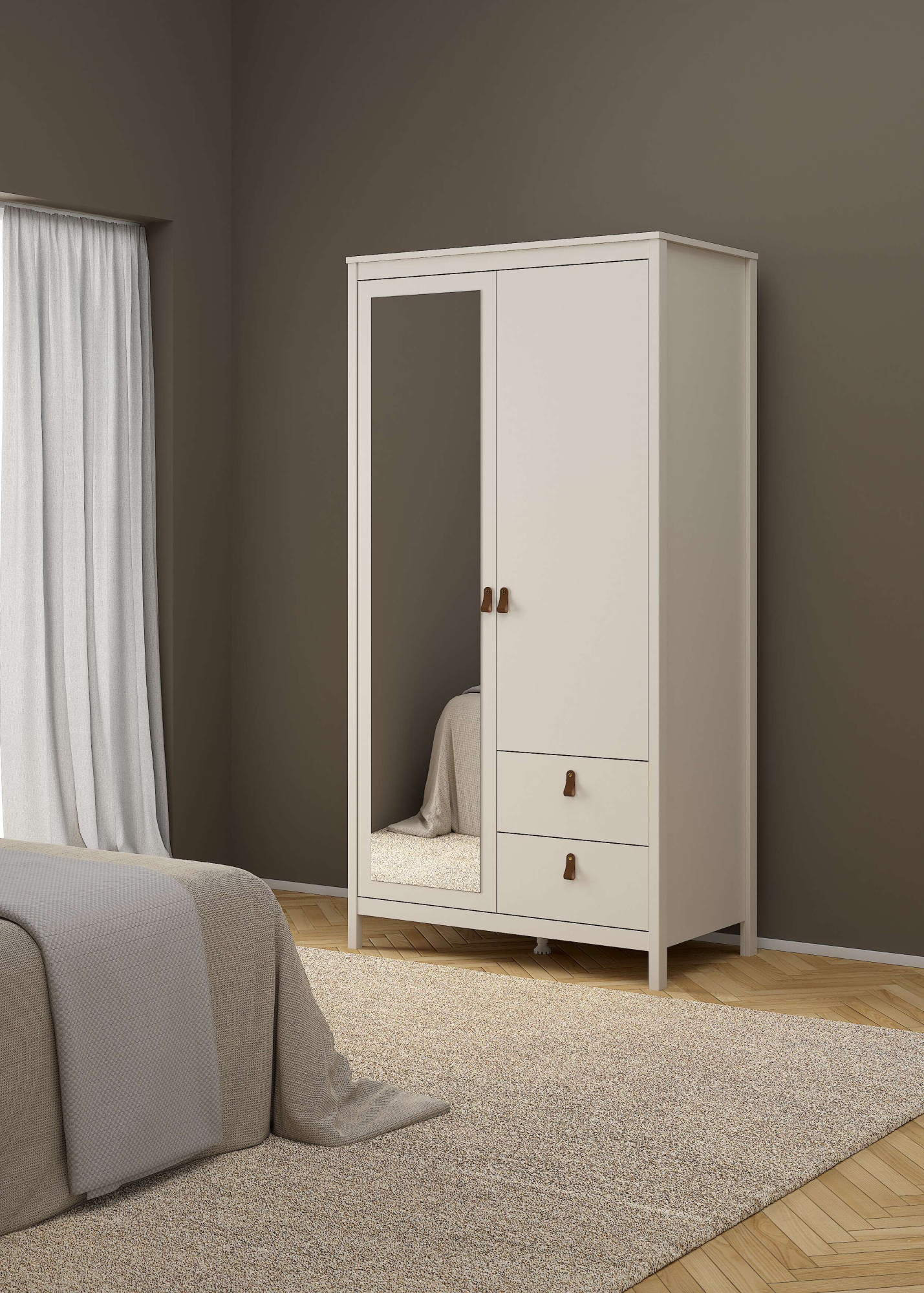 Home affaire Drehtürenschrank "Madrid, Schrank, Kleiderschrank" Skandinavisches Design, Wahlweise Leder- oder Metallgriffe, Spiegel