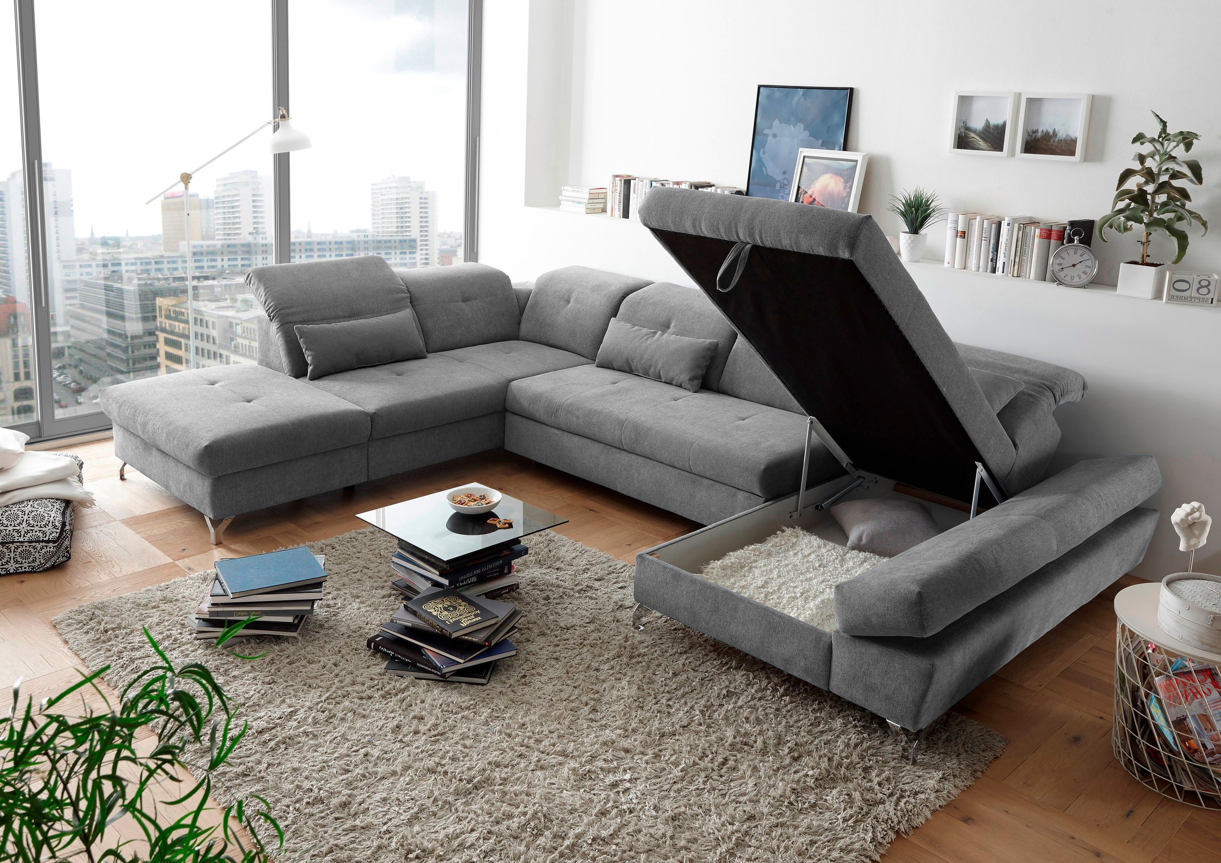 ED EXCITING DESIGN Wohnlandschaft »Melfi U-Form mit Bettfunktion, Bettkasten«, Arm- & Kopfteilverstellung & 3 Nierenkissen