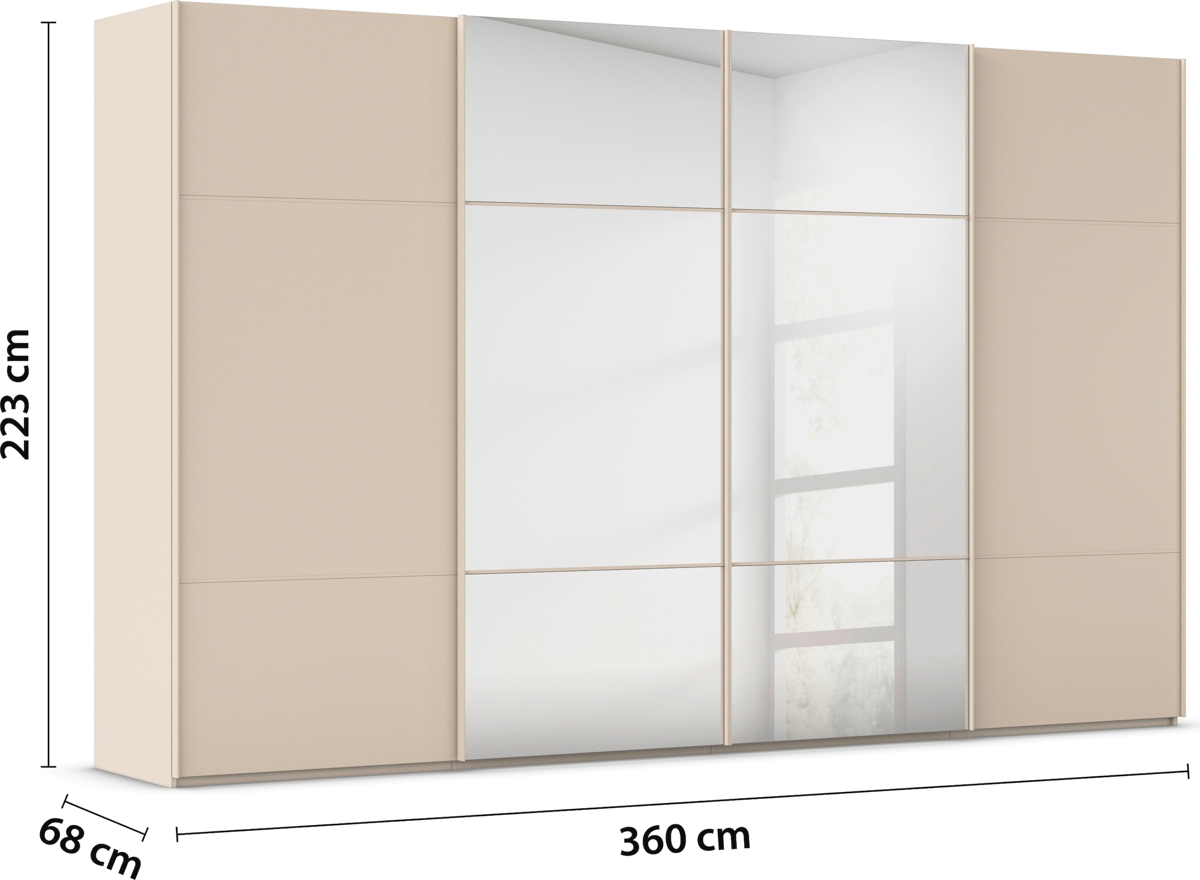 rauch Schwebetürenschrank »Kleiderschrank Schrank Garderobe Schlafzimmerschrank SCALE-TRIO«, edle dreigeteilte Front mit 2 Zierleisten und Spiegel MADE IN GERMANY
