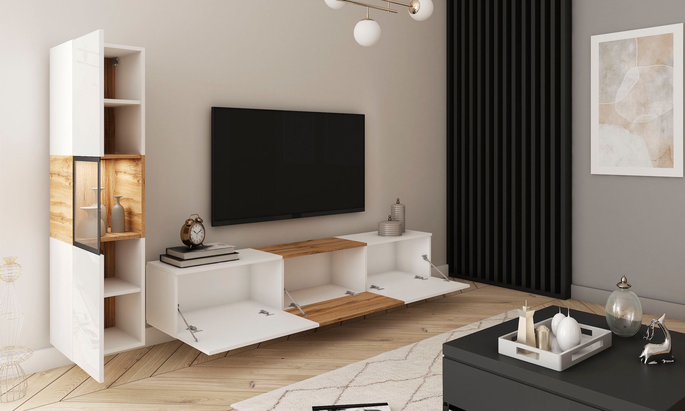 INOSIGN Wohnwand »BERLIN I, Vitrine Türschlag links/rechts wechselbar«, (Komplett-Set, 2 St.), moderne grifflose Mediawand Breite 220 cm, Vitrine mit Verglasung