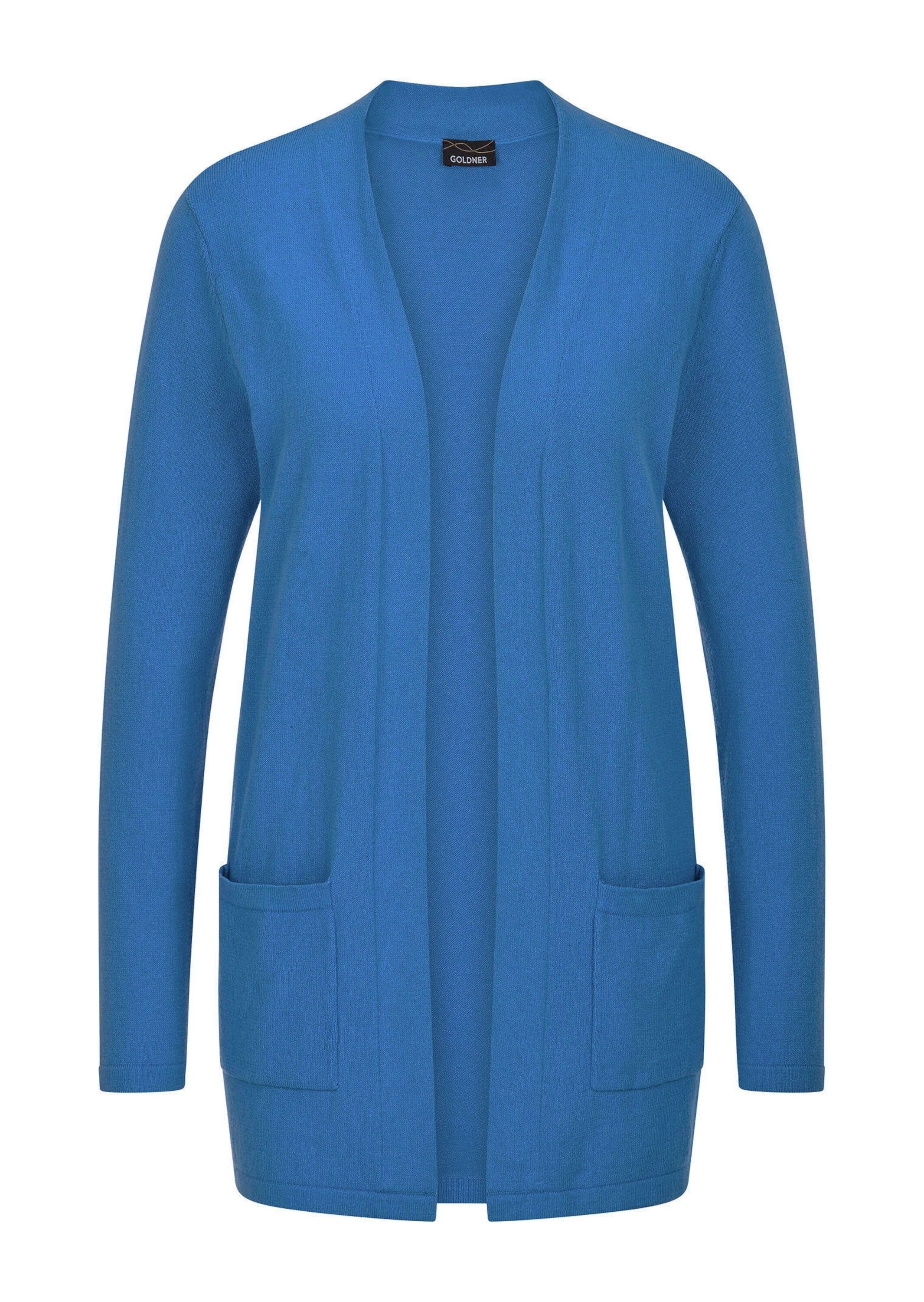 GOLDNER Damen Strickjacke "Kurzgröße Elegante Strickjacke mit Kaschmir", blau, Gr. 25, Obermaterial: 95% Baumwolle CO. 5% Kaschmir WS., Strickjacken,