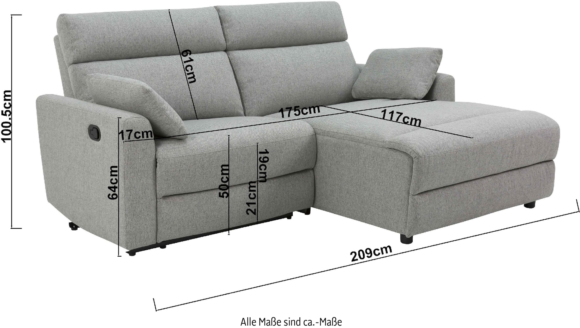 INOSIGN Ecksofa »JENNA, L-Form, 209cm, manuelle u. elektrische Funktion, mit USB A/C,«, Liegefunktion 105°-150°, Federkern, Struktur fein