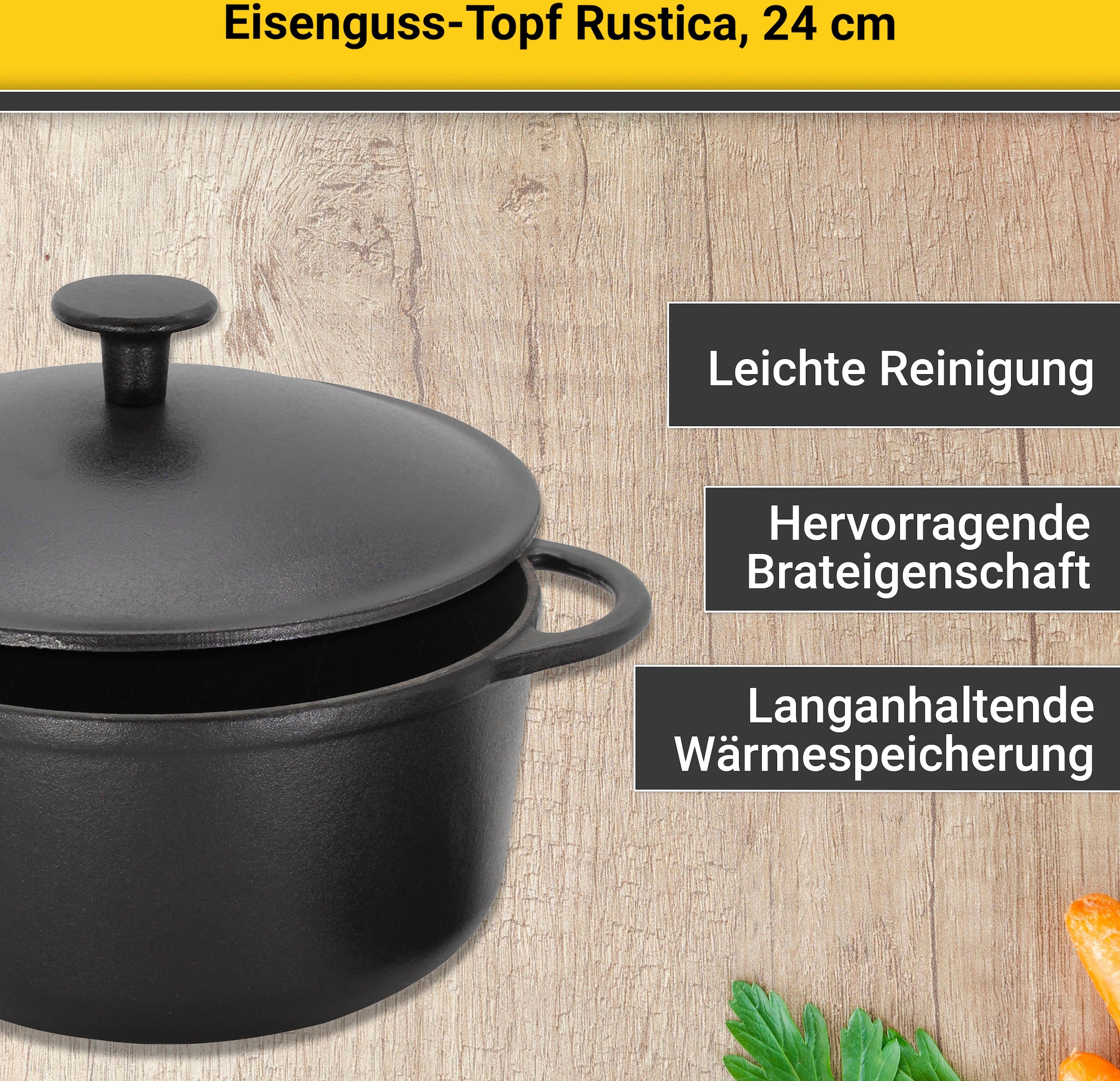 Krüger Fleischtopf »Eisenguss Fleischtopf mit Deckel RUSTICA, 24 cm«, Gusseisen, (1 tlg.), für Induktions-Kochfelder geeignet