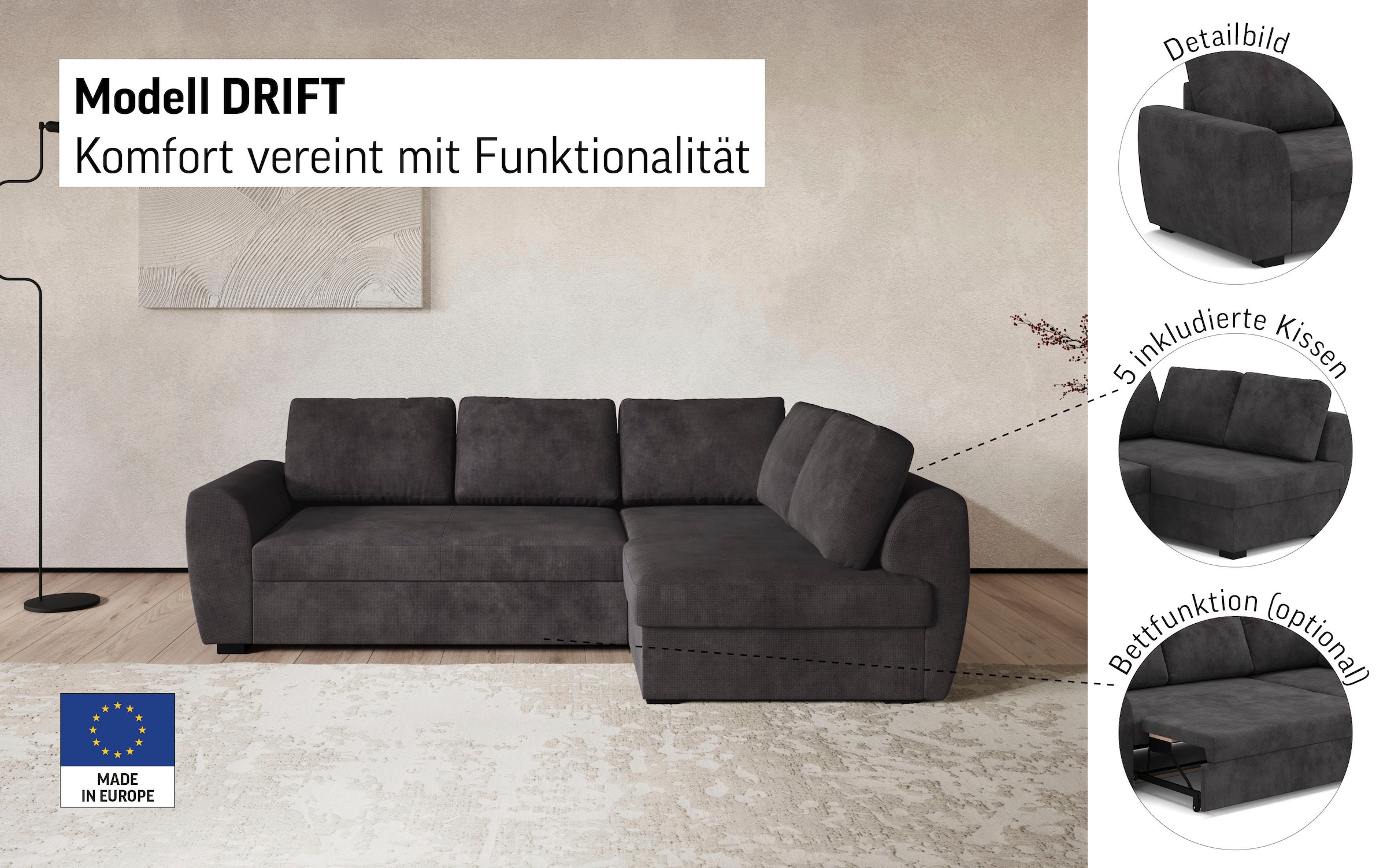 COTTA Ecksofa »Drift L-Form Ottomane, Breite 253 cm« optional auch mit Schlaffunktion, Wellenunterfederung