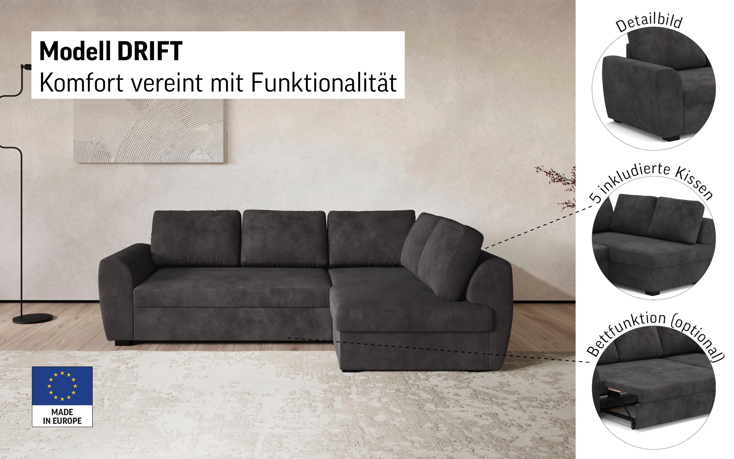 Ecksofa COTTA "Drift L-Form", nature, B:253cm H:86cm T:154cm, 96% POLYESTER (PES) 4% POLYAMID(PA), Sofas, Ecksofa 5