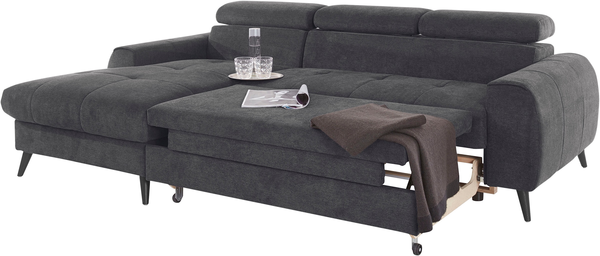 COTTA Ecksofa »Mia L-Form mit 3 Zierkissen«, wahlweise mit Bettfunktion, Bettkasten, Beleuchtung & Wireless-Charger