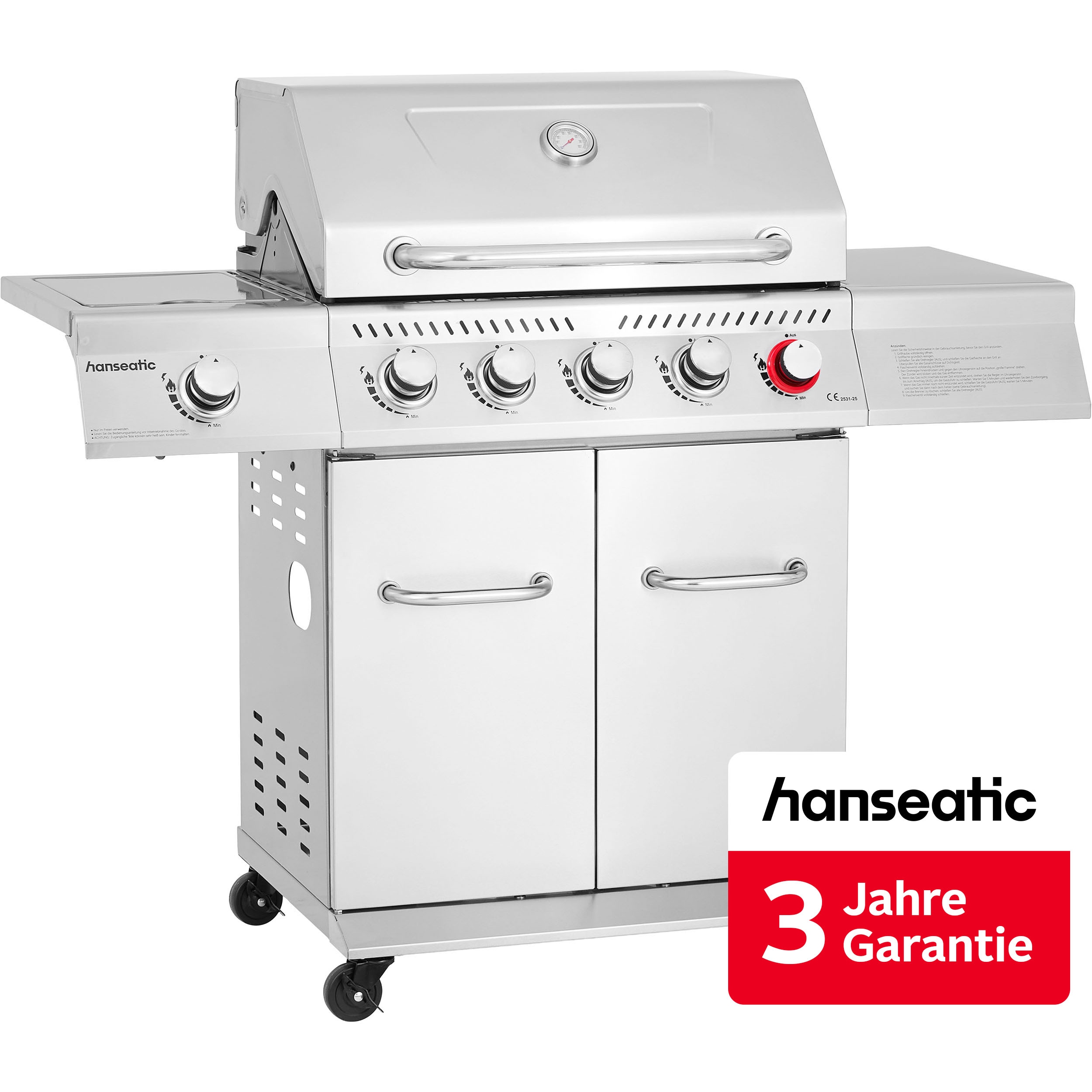 Hanseatic Gasgrill "Richland, 5 Brenner (inkl. Turbobrenner) + Seitenbrenner 21,5kw Gesamt" inkl. 3 Jahre Herstellergarantie