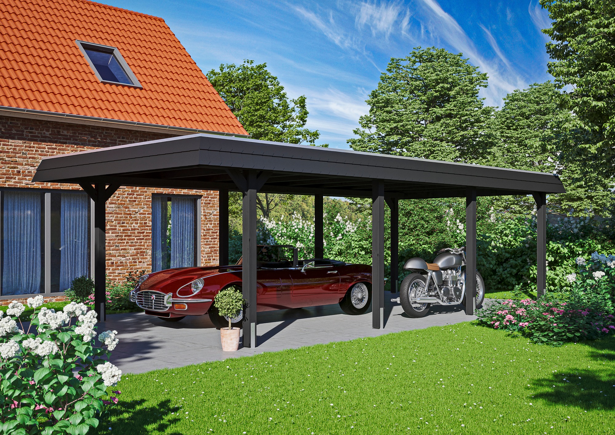 Skanholz Einzelcarport »Wendland«, Holz, 341 cm, Anthrazit, schwarze Blende