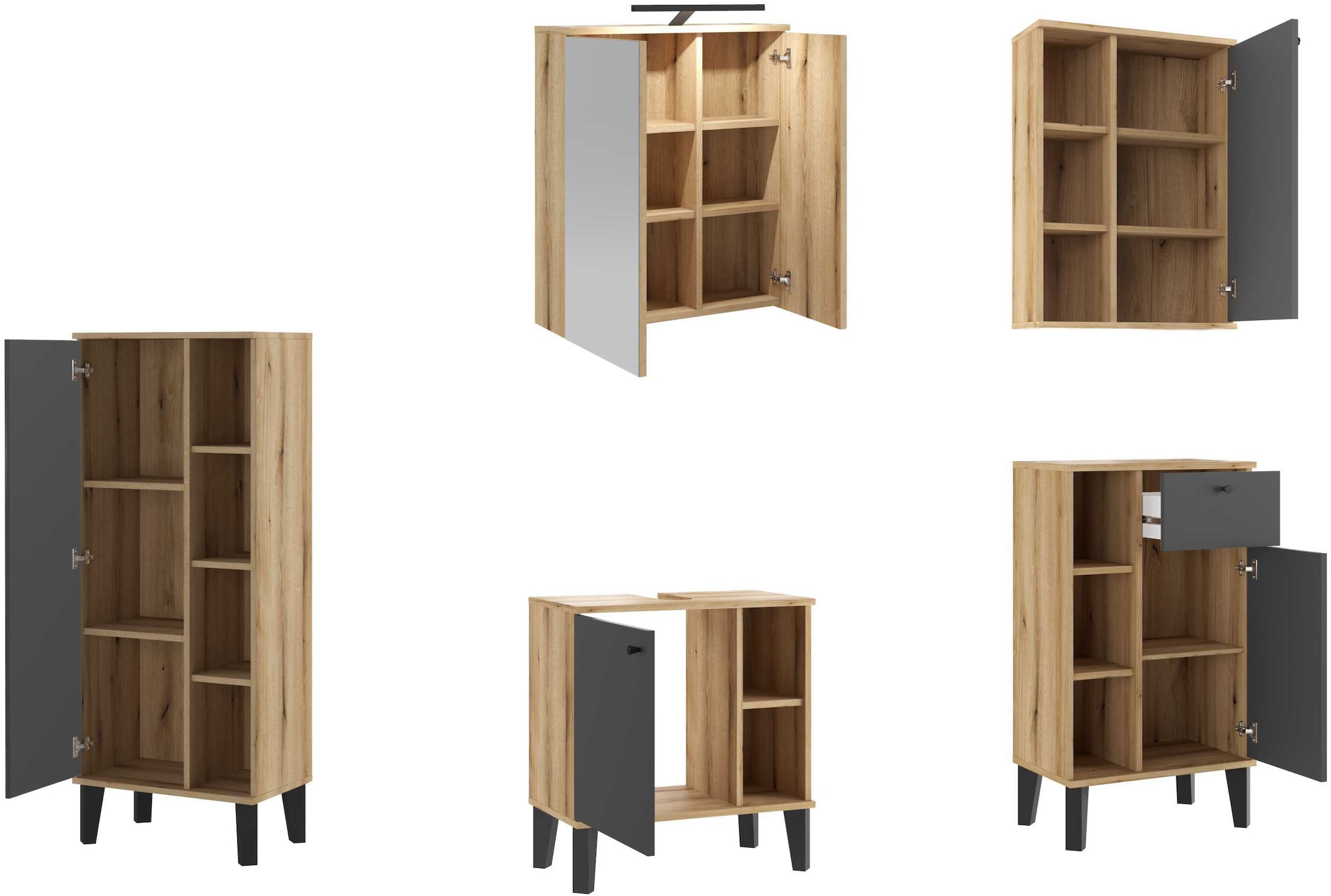 INOSIGN Badmöbel-Set »OSLO, Bad im skandinavischen Design, 5-teiliges Badezimmer«, (Set, 5 St.), Badschränke und Spiegel, in zwei Farben verfügbar, viel Stauraum