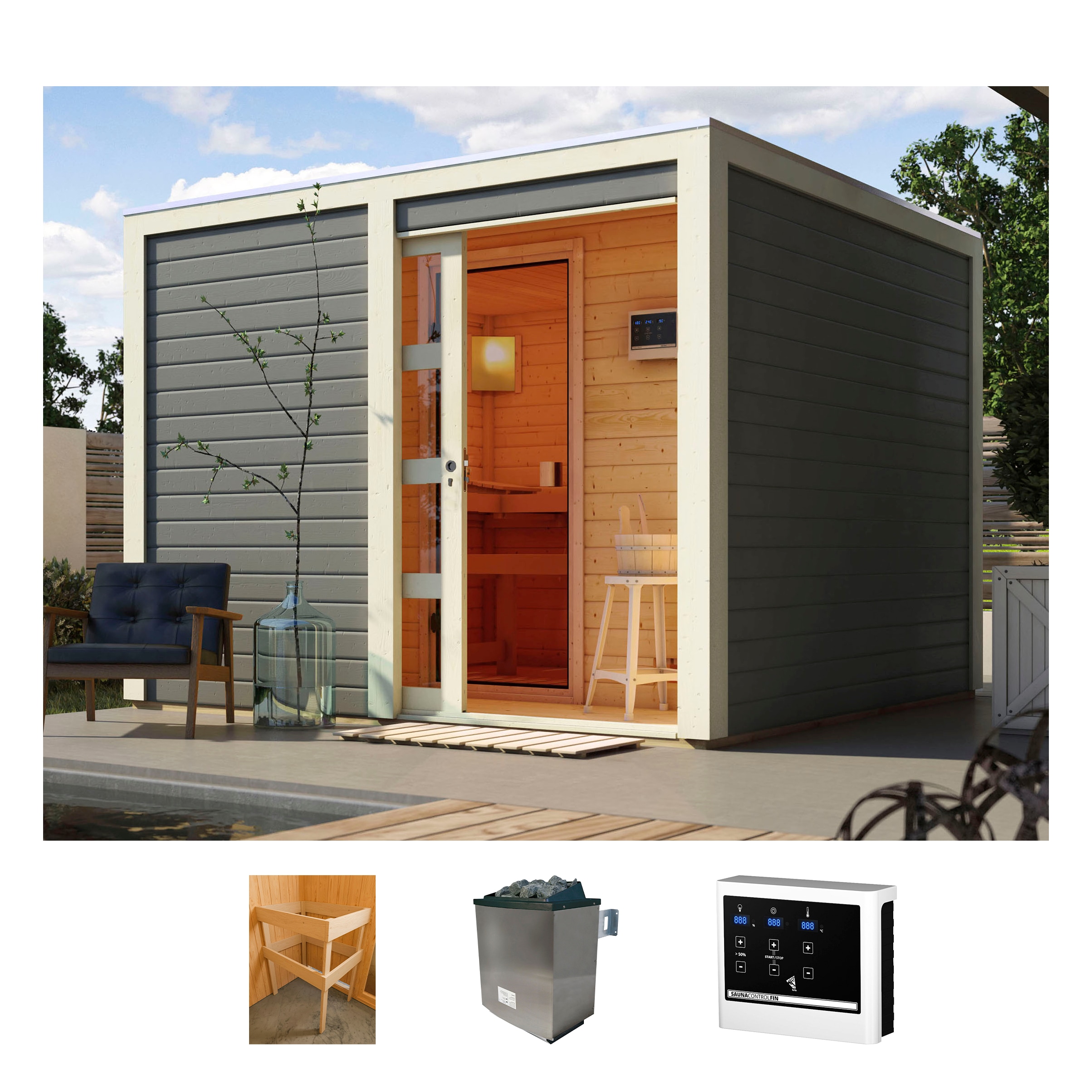 KONIFERA Saunahaus "Ruben", Saunaofen, externe Steuerung, 9 kW, grau, Garten, Saunen, Ofen 9 KW externe Strg easy