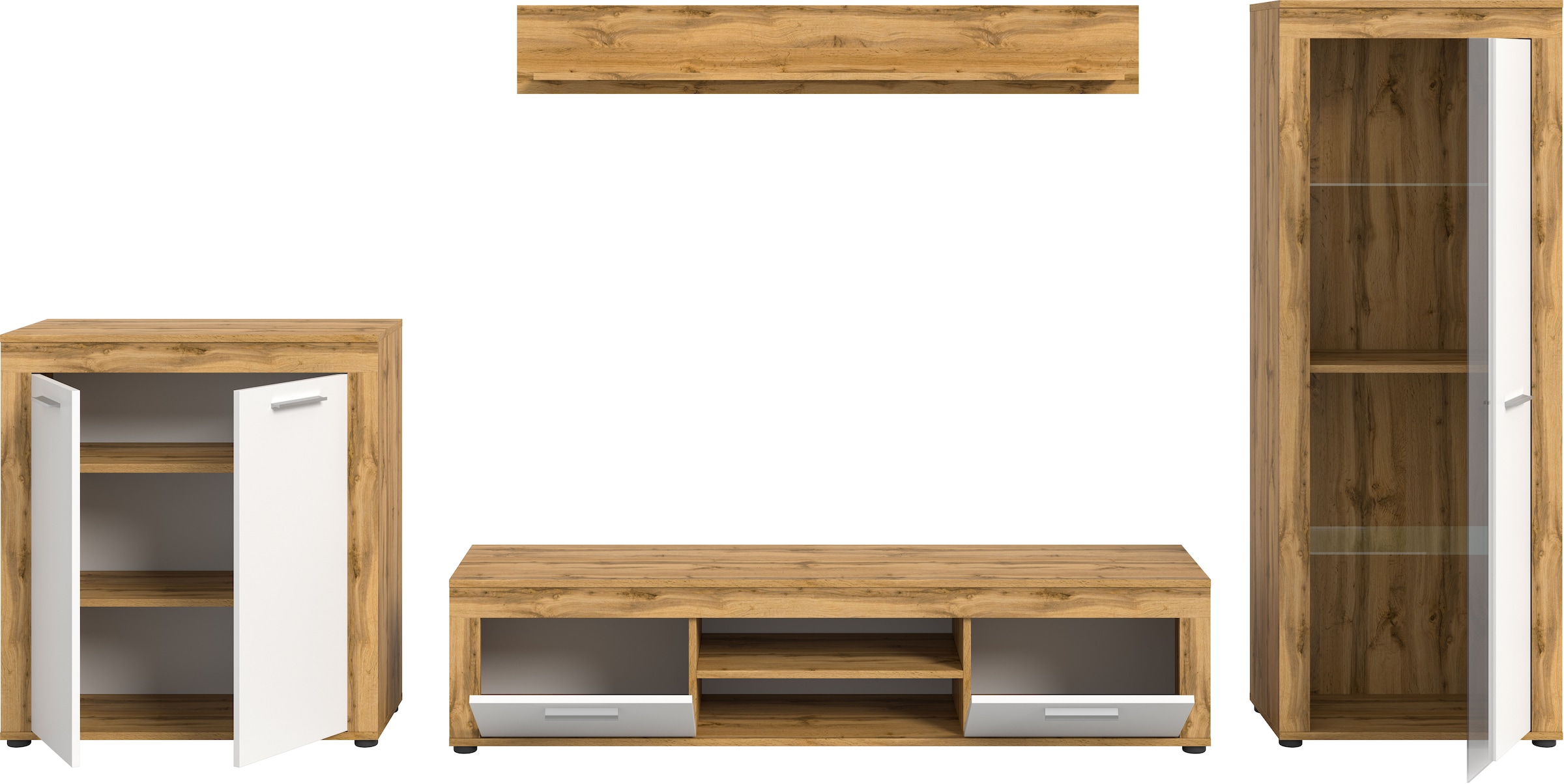 INOSIGN Wohnwand »Aosta, Breite 330cm, best. aus Highboard, Lowboard, Wandboard, Vitrine«, (4 St.), Wohnwand, Kombination, Anbauwand, Möbel Set, Schrankwand, Möbel Kombi
