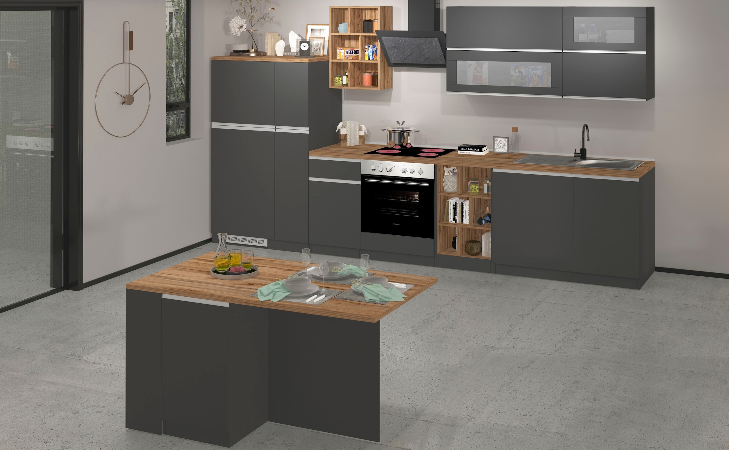 Kochstation Küchenzeile »KS-Sole«, Breite 256 cm, Hängeregal, Geschirrabtropfschrank, ohne E-Geräte