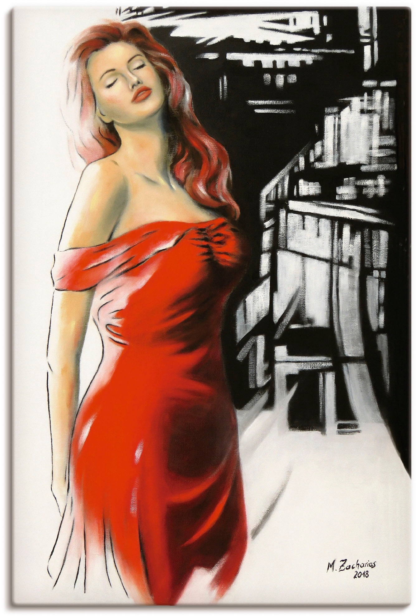 Artland Wandbild »Schönheit Leinwandbild, BAUR im Poster Größen Kleid«, bestellen oder in als versch. Wandaufkleber St.), Alubild, | (1 roten Frau